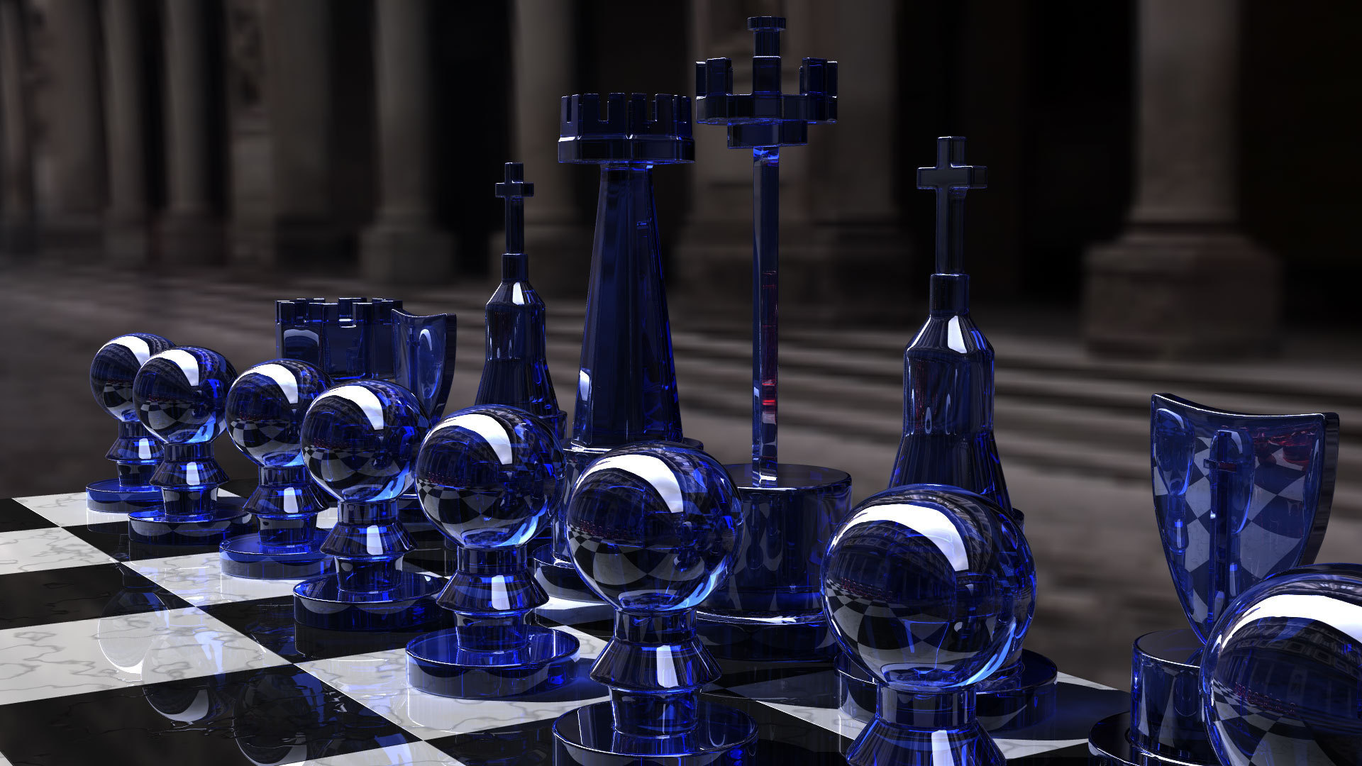 Обои шахматы, игра, стратегия, chess set, blue side, ренденринг, cтекло, chess, the game, strategy, rendering, glass разрешение 1920x1080 Загрузить