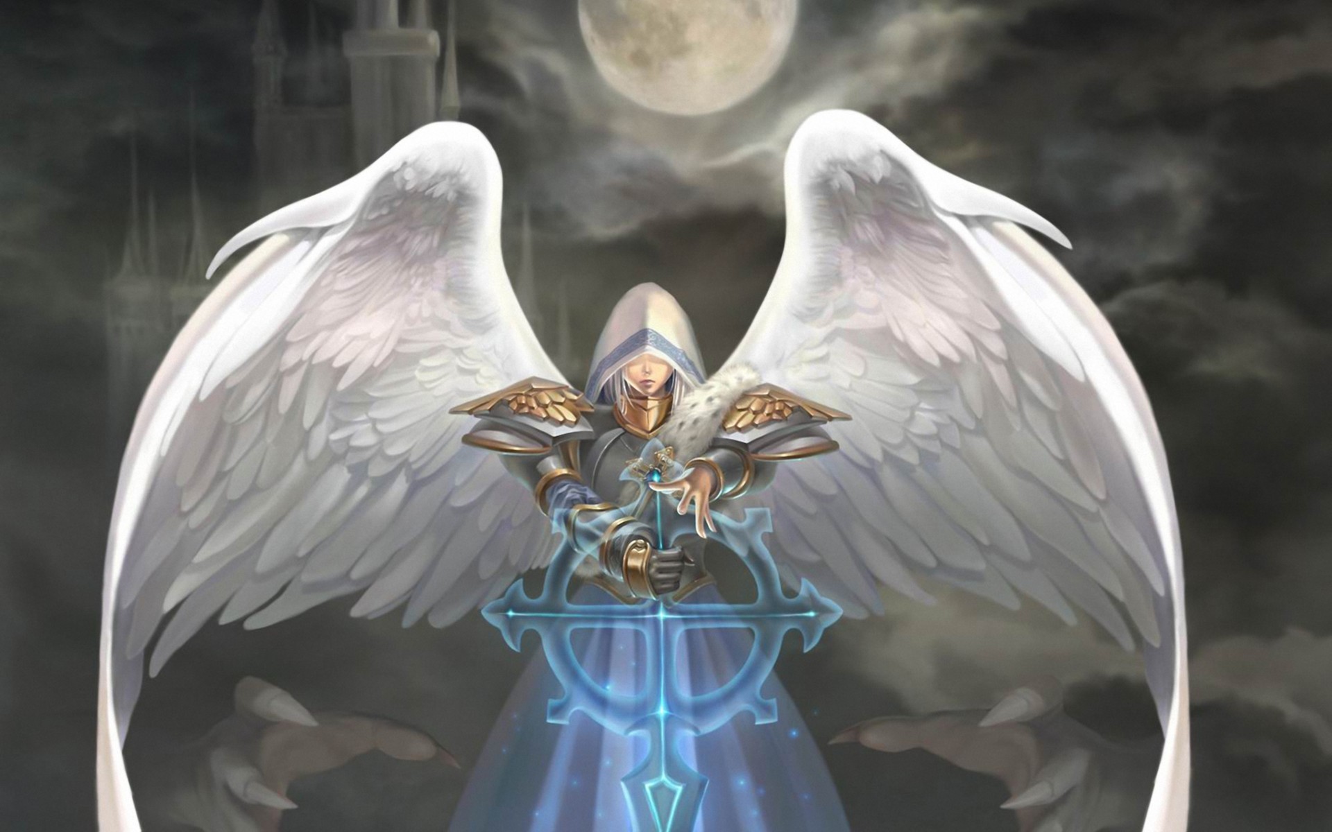 Обои арт, луна, крылья, ангел, капюшон, natsuki-3, heroes of might and magic, art, the moon, wings, angel, hood разрешение 1920x1200 Загрузить
