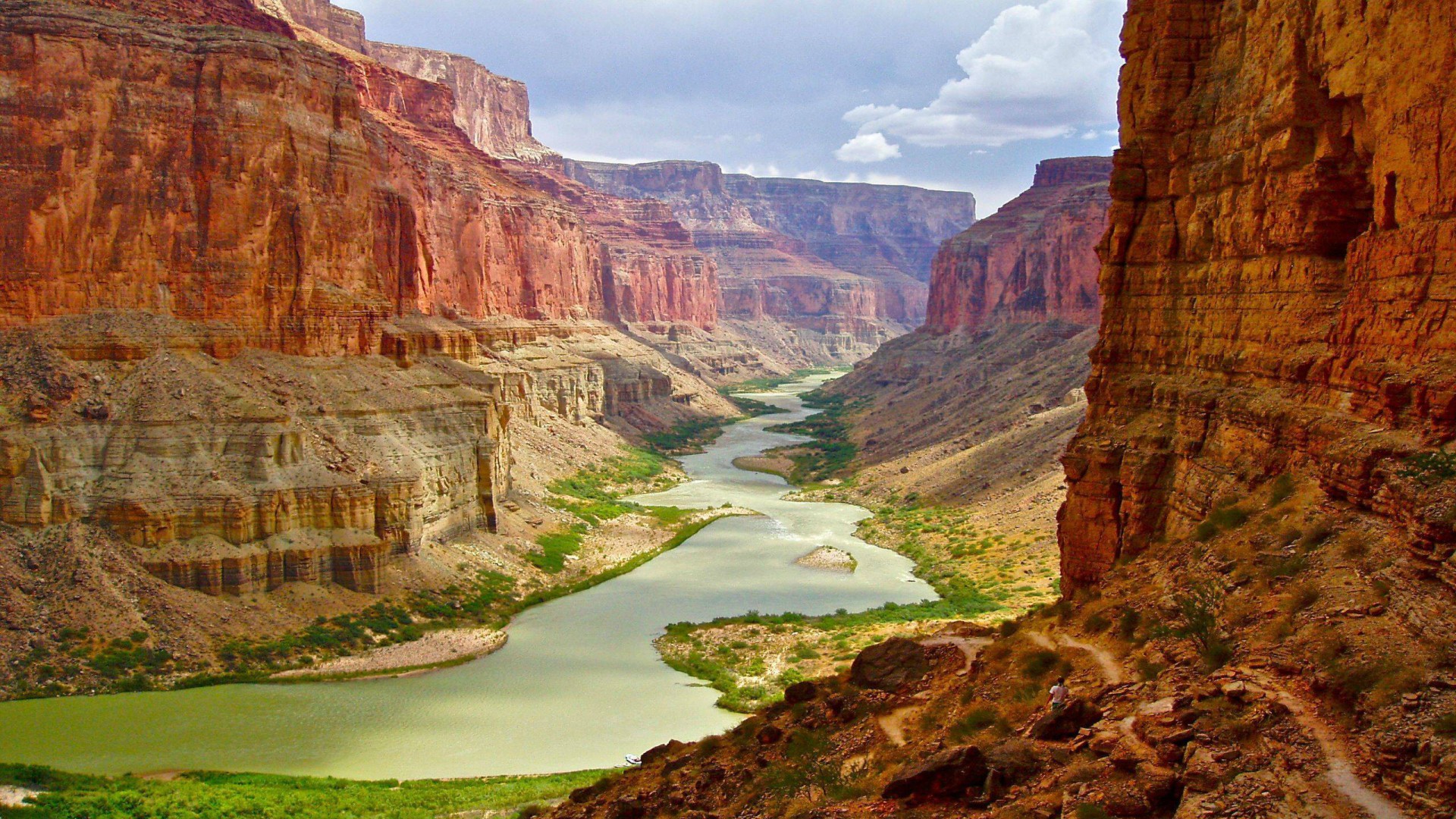 Обои река, большой каньон, природа, пейзаж, скала, каньон, аризона, долина, национальный парк, river, the grand canyon, nature, landscape, rock, canyon, az, valley, national park разрешение 1920x1080 Загрузить