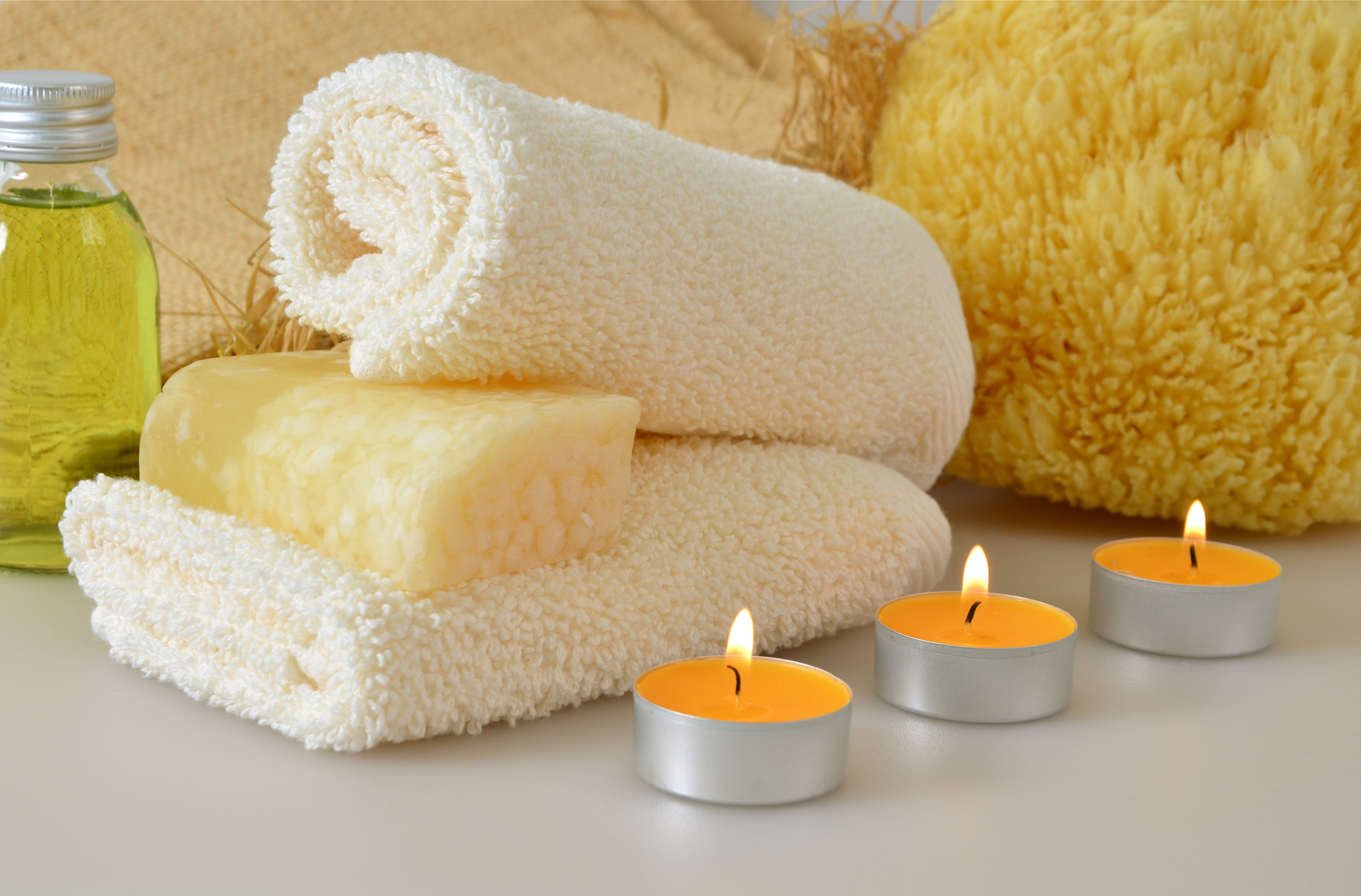 Обои свечи, полотенце, спа, мыло, гель для душа, мочалка, candles, towel, spa, soap, shower gel, washcloth разрешение 5466x3600 Загрузить