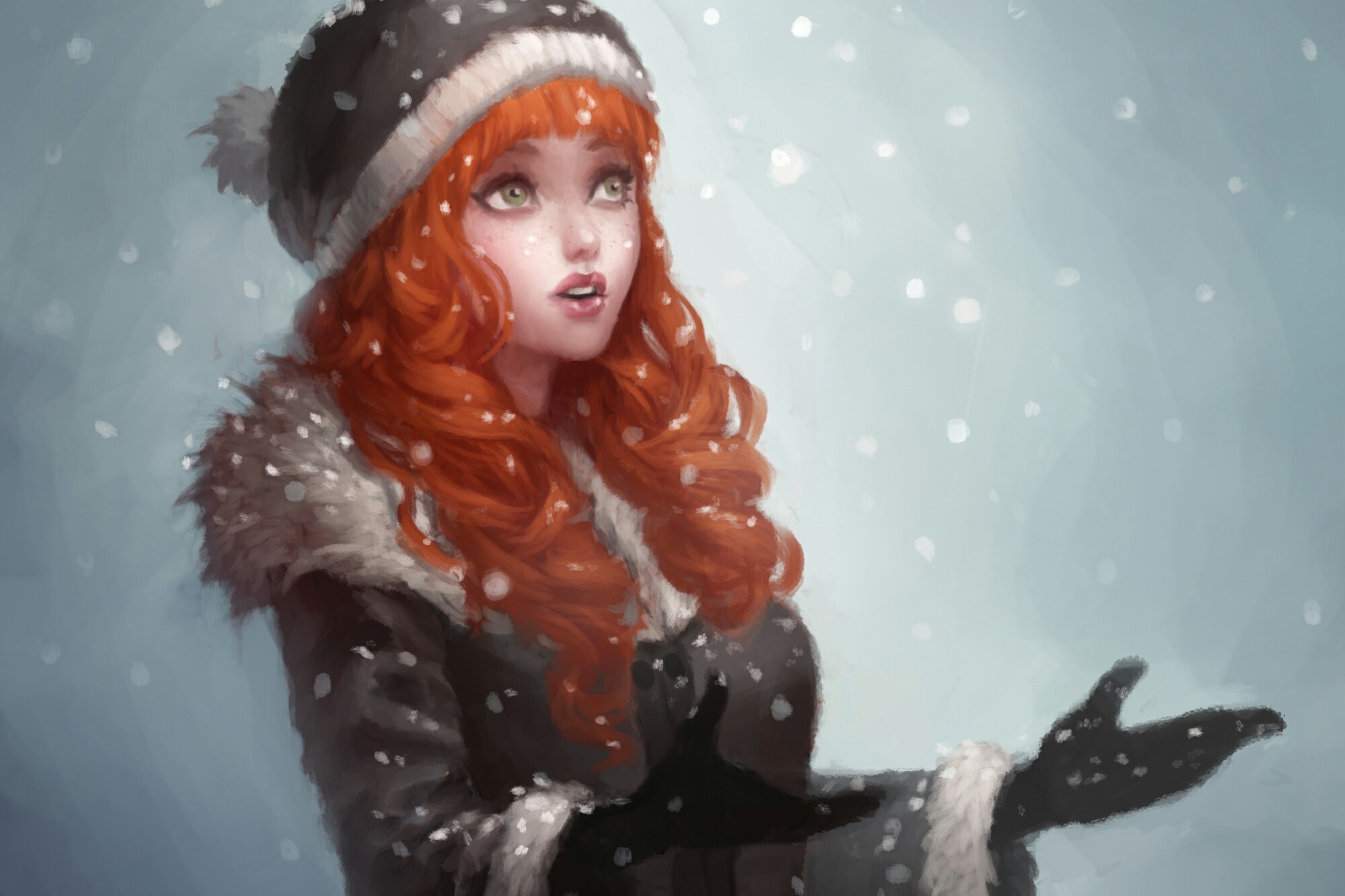 Обои арт, рисунок, снег, девушка, снежинки, рыжеволосая, art, figure, snow, girl, snowflakes, redhead разрешение 2000x1332 Загрузить