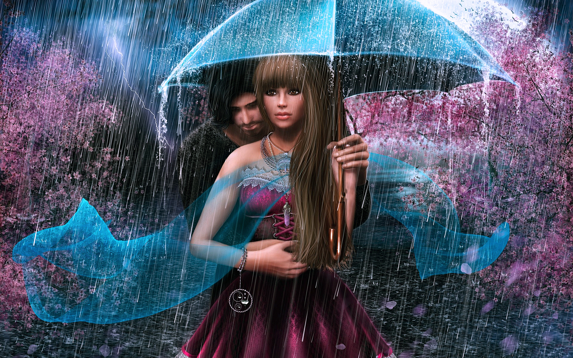 Обои арт, девушка, парень, дождь, зонт, art, girl, guy, rain, umbrella разрешение 1920x1200 Загрузить