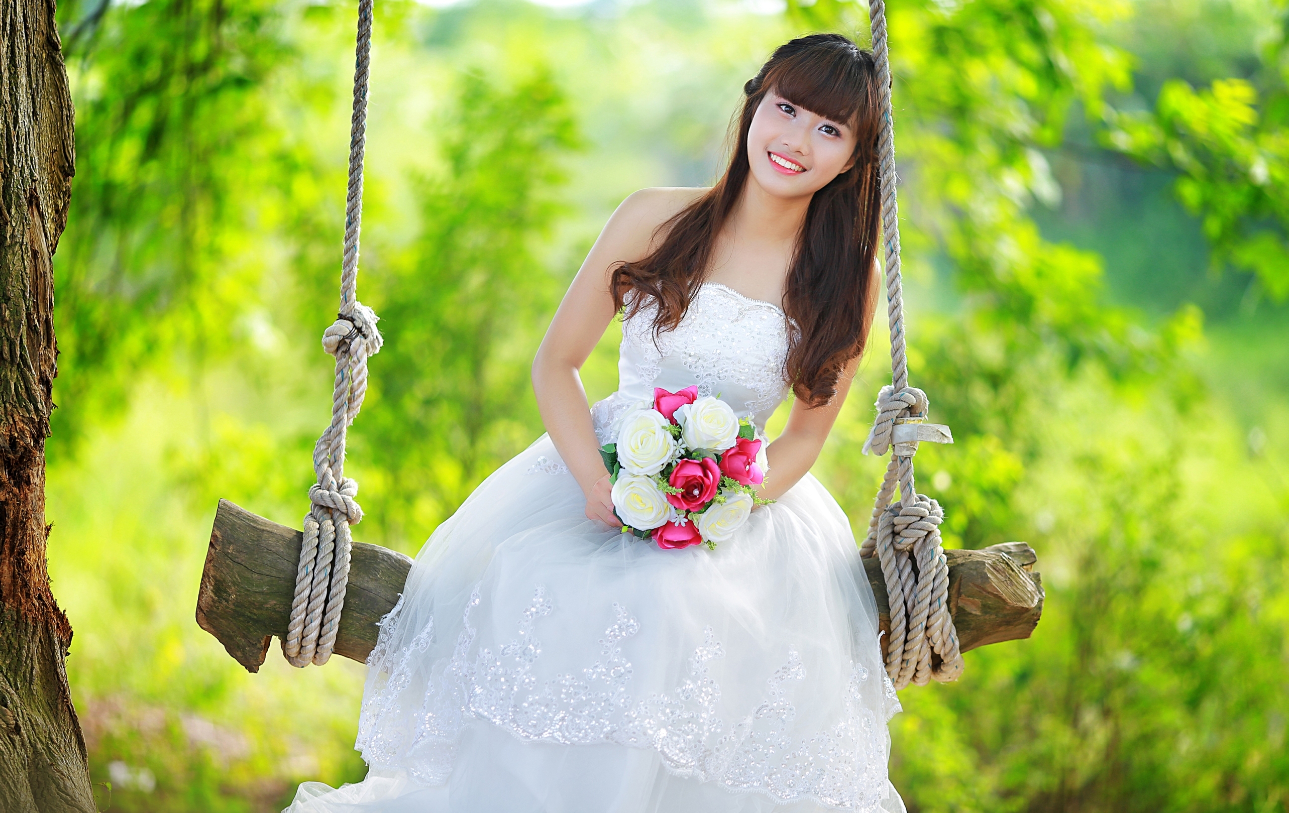 Обои цветы, девушка, качели, азиатка, невеста, flowers, girl, swing, asian, the bride разрешение 2566x1619 Загрузить