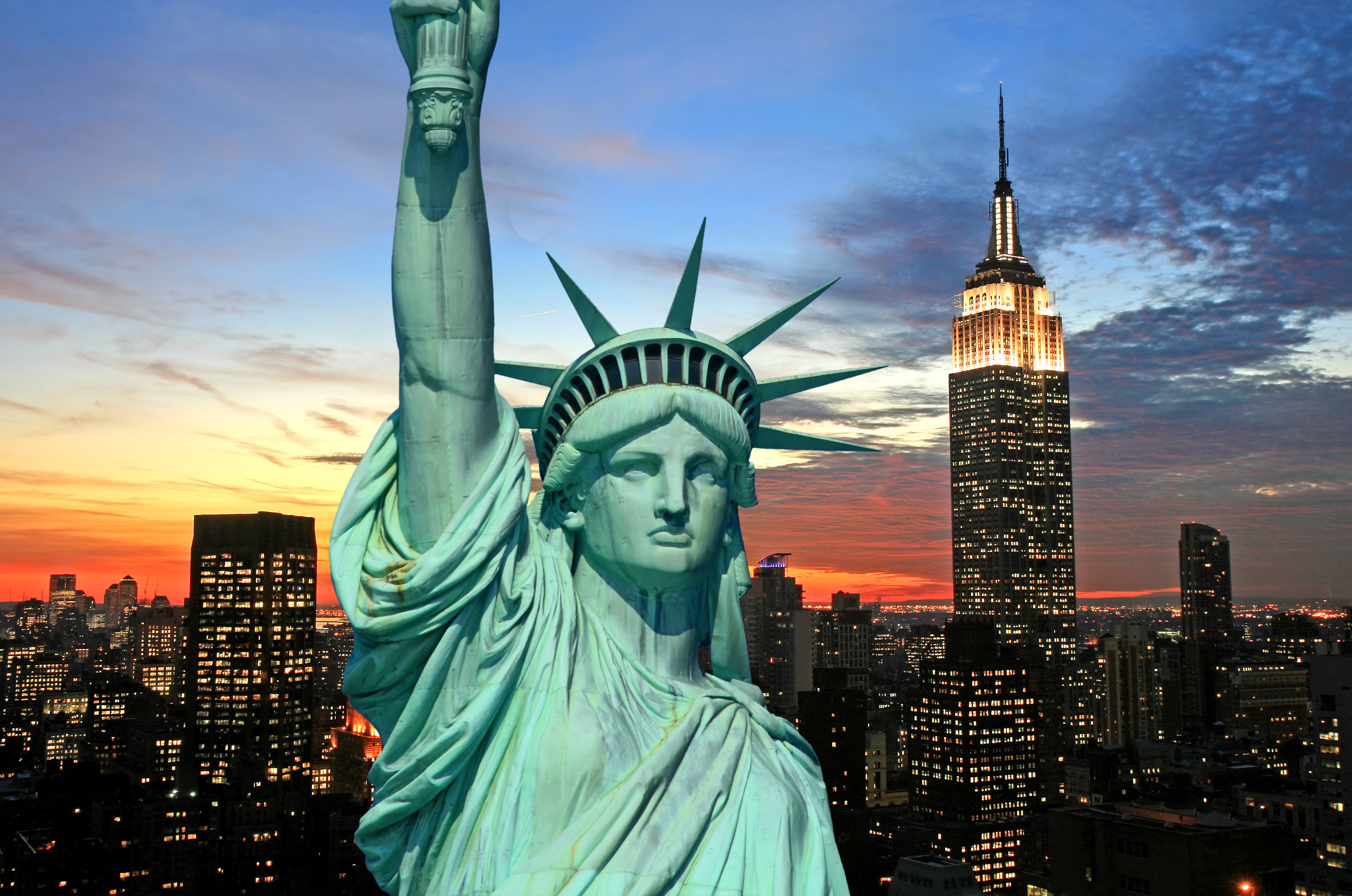 город, сша, нью-йорк, статуя свободы, night, lights, horizon, the city, usa...
