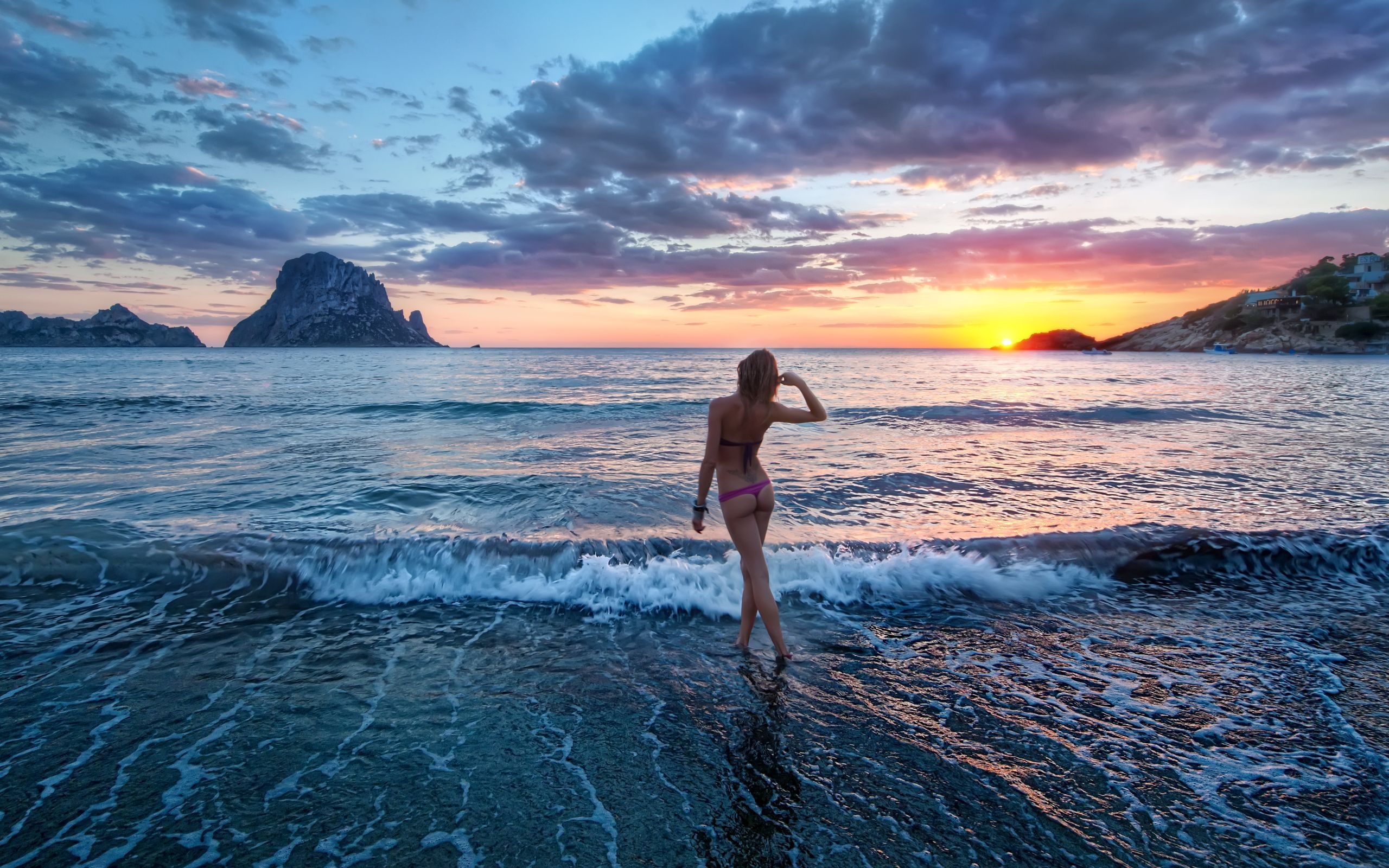 море, поза, пляж, горизонт, the sky, model, wave, swimsuit, sunset, bikini,...