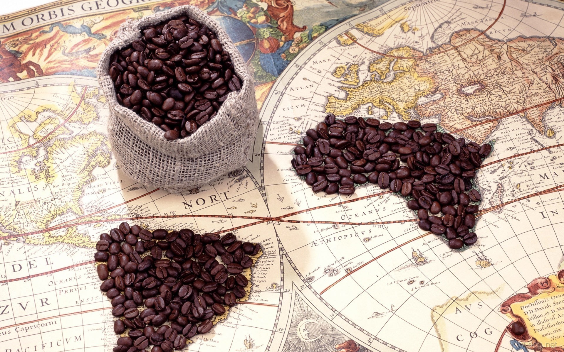 Обои кофе, карта, кофейные зерна, путешествие, мешочек, coffee, map, coffee beans, journey, pouch разрешение 1920x1200 Загрузить