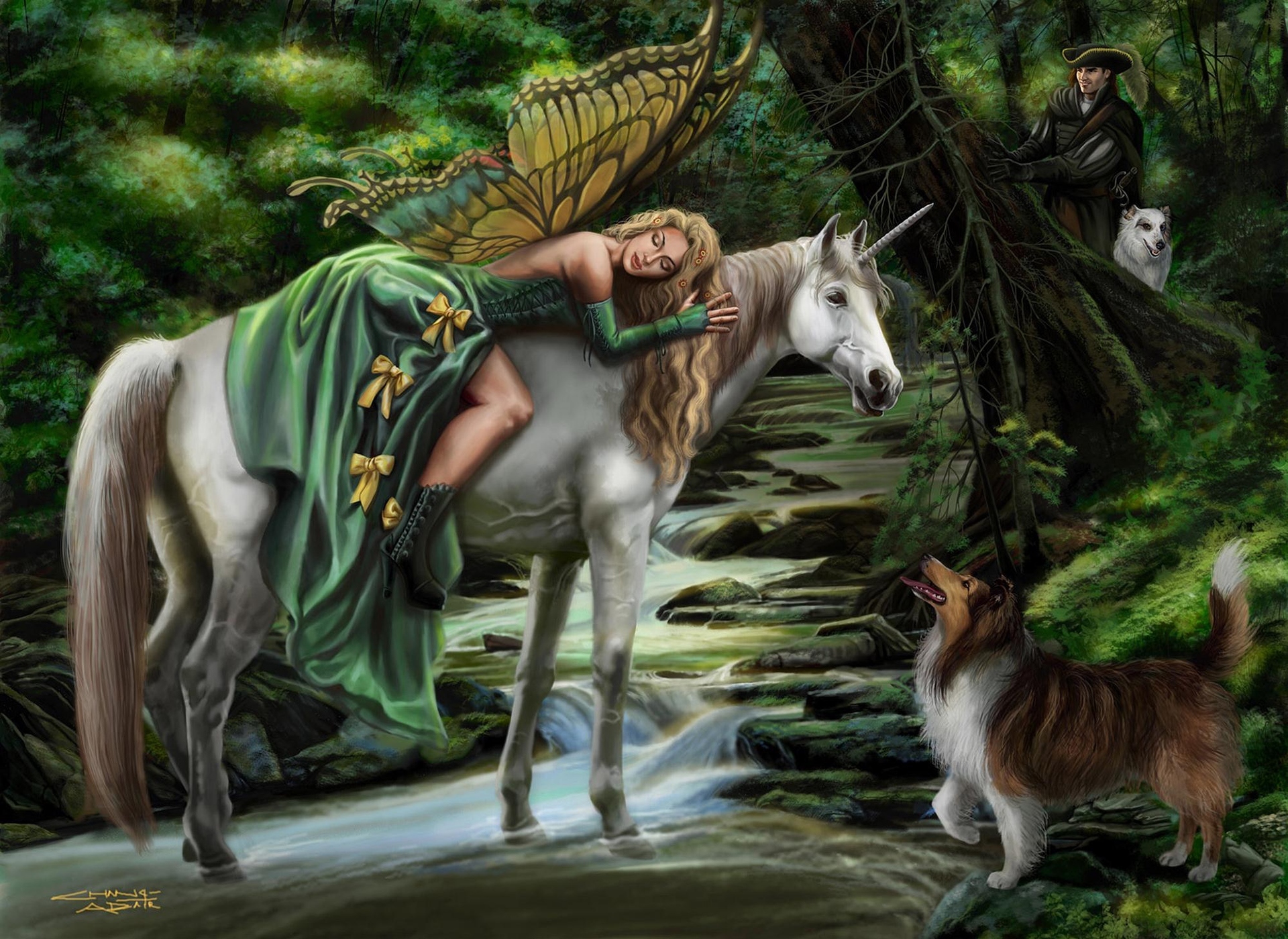 Обои арт, волшебный лес, девушка, фэнтези, собака, фея, охотник, единорог, faerie steed, sandra chang, art, magic forest, girl, fantasy, dog, fairy, hunter, unicorn разрешение 1920x1400 Загрузить