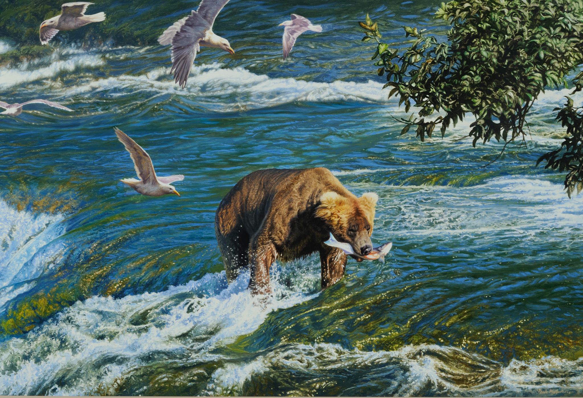 Обои рисунок, река, медведь, чайки, рыба, figure, river, bear, seagulls, fish разрешение 2048x1396 Загрузить