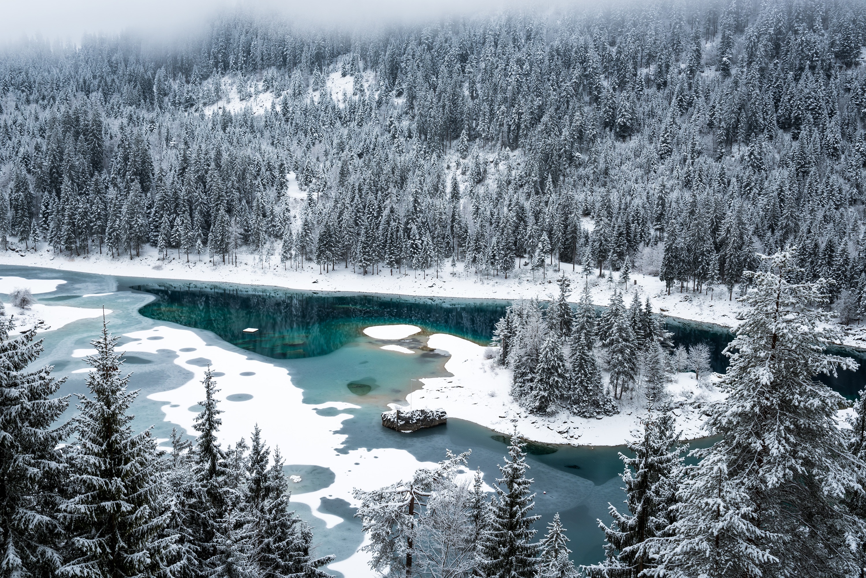 Обои снег, лес, зима, швейцария, озеро каума, флимс, snow, forest, winter, switzerland, lake cauma, flims разрешение 3000x2003 Загрузить