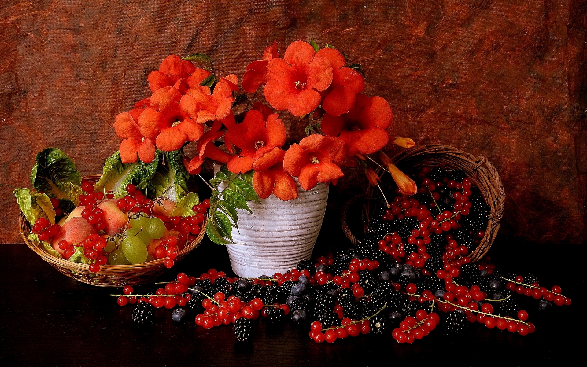 Обои цветы, виноград, ягоды, красная смородина, натюрморт, ежевика, flowers, grapes, berries, red currant, still life, blackberry разрешение 1920x1201 Загрузить