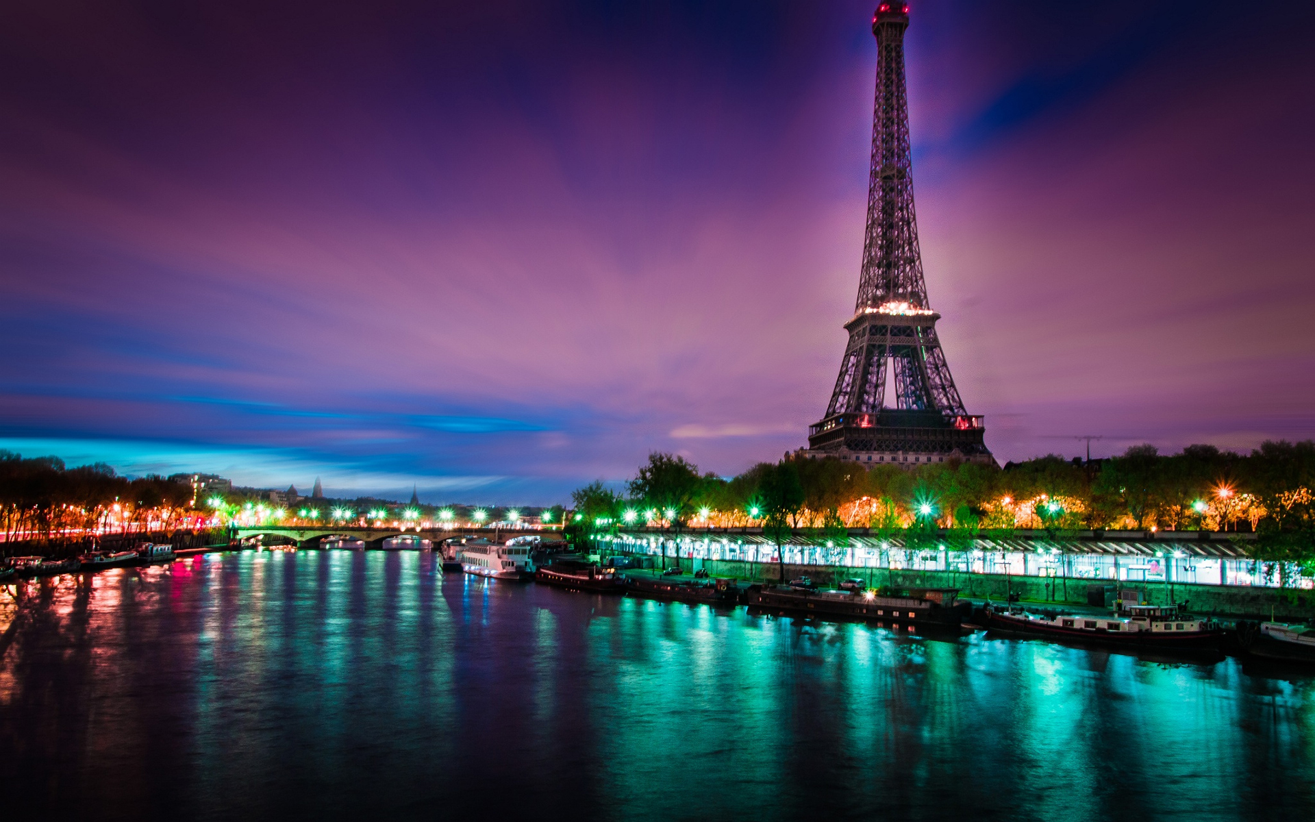 Обои огни, вечер, река, париж, франция, эйфелева башня, lights, the evening, river, paris, france, eiffel tower разрешение 1920x1200 Загрузить