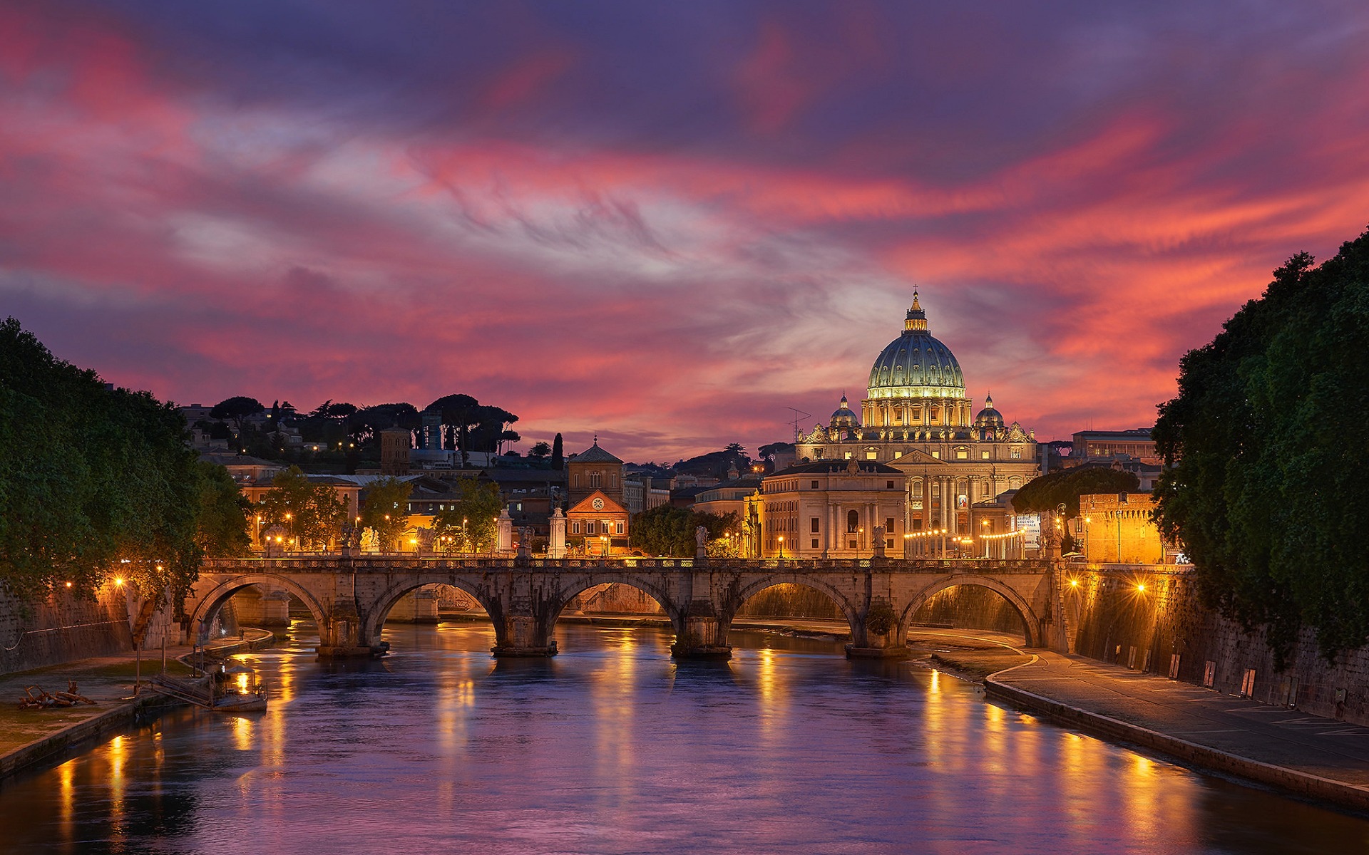 Обои вечер, ватикан, река, собор, мост, город, италия, церковь, рим, the evening, the vatican, river, cathedral, bridge, the city, italy, church, rome разрешение 1920x1200 Загрузить