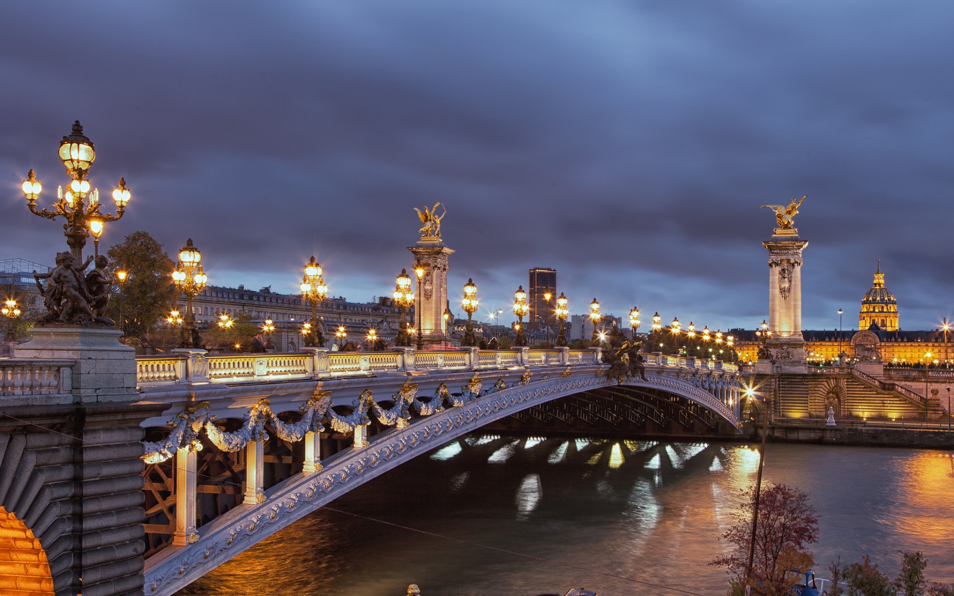 Обои ночь, огни, мост, город, париж, франция, night, lights, bridge, the city, paris, france разрешение 1920x1200 Загрузить