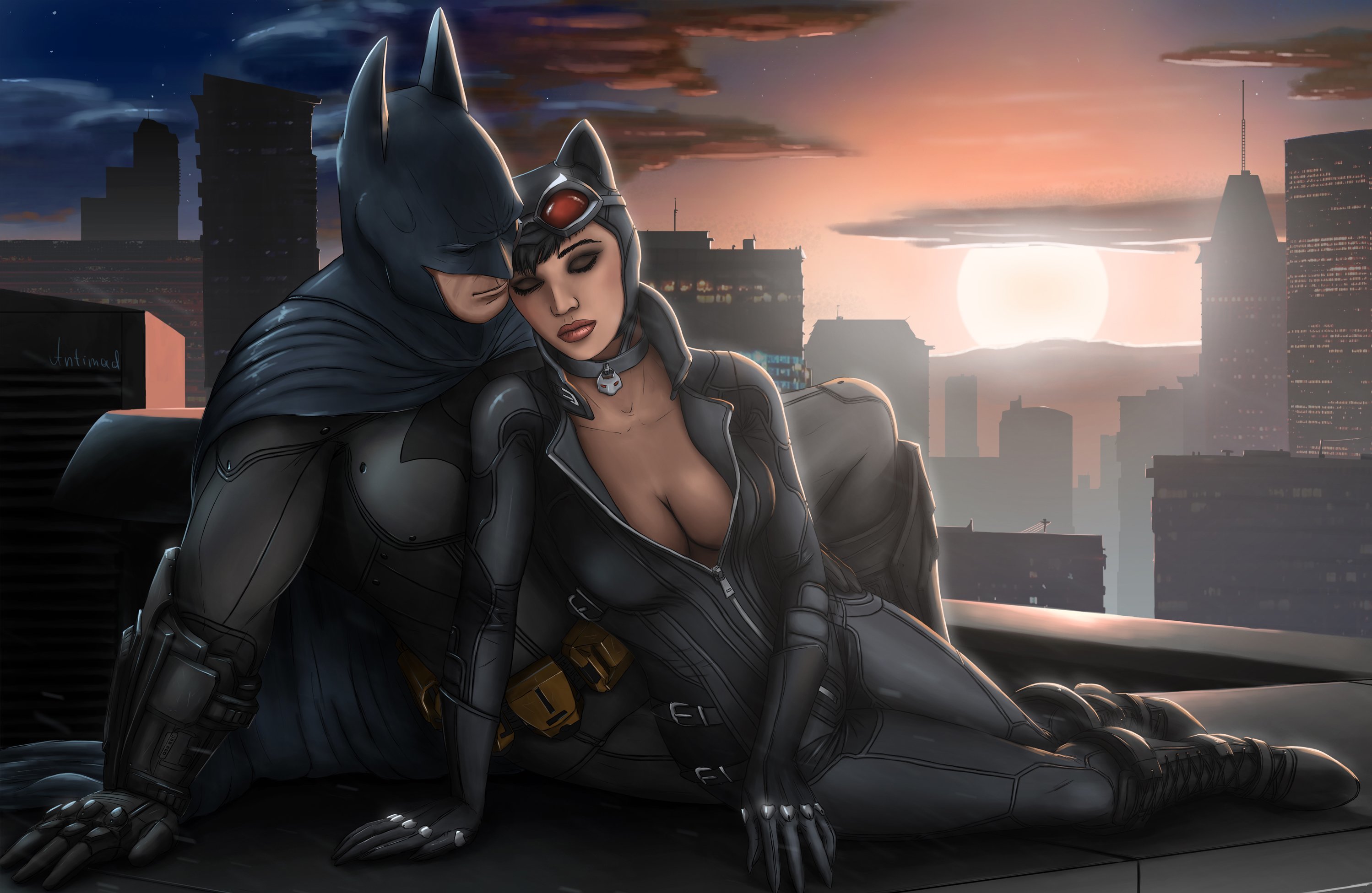 Скачать обои крыша, костюмы, batman:arkham city, batman x catwoman, roof ра...