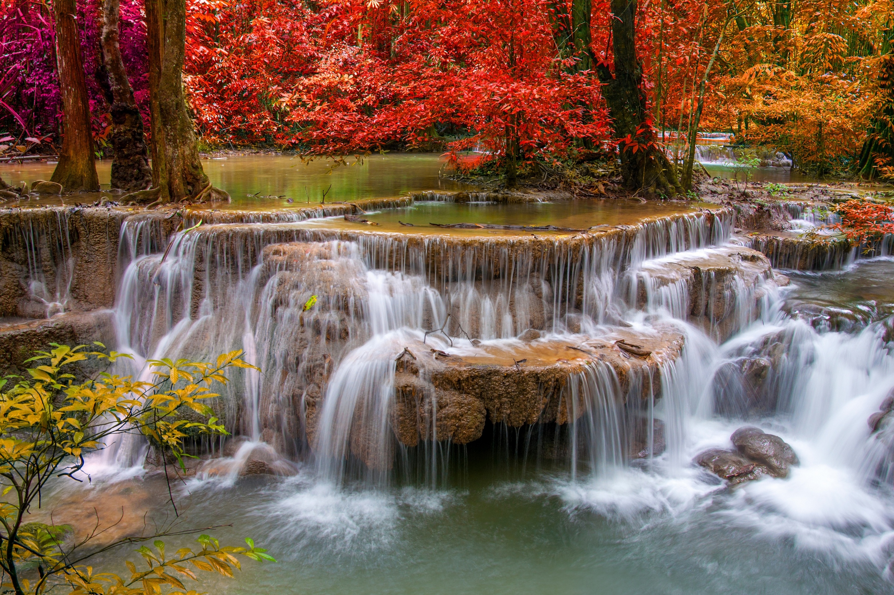 природа водопад деревья осень дом nature waterfall trees autumn the house скачать