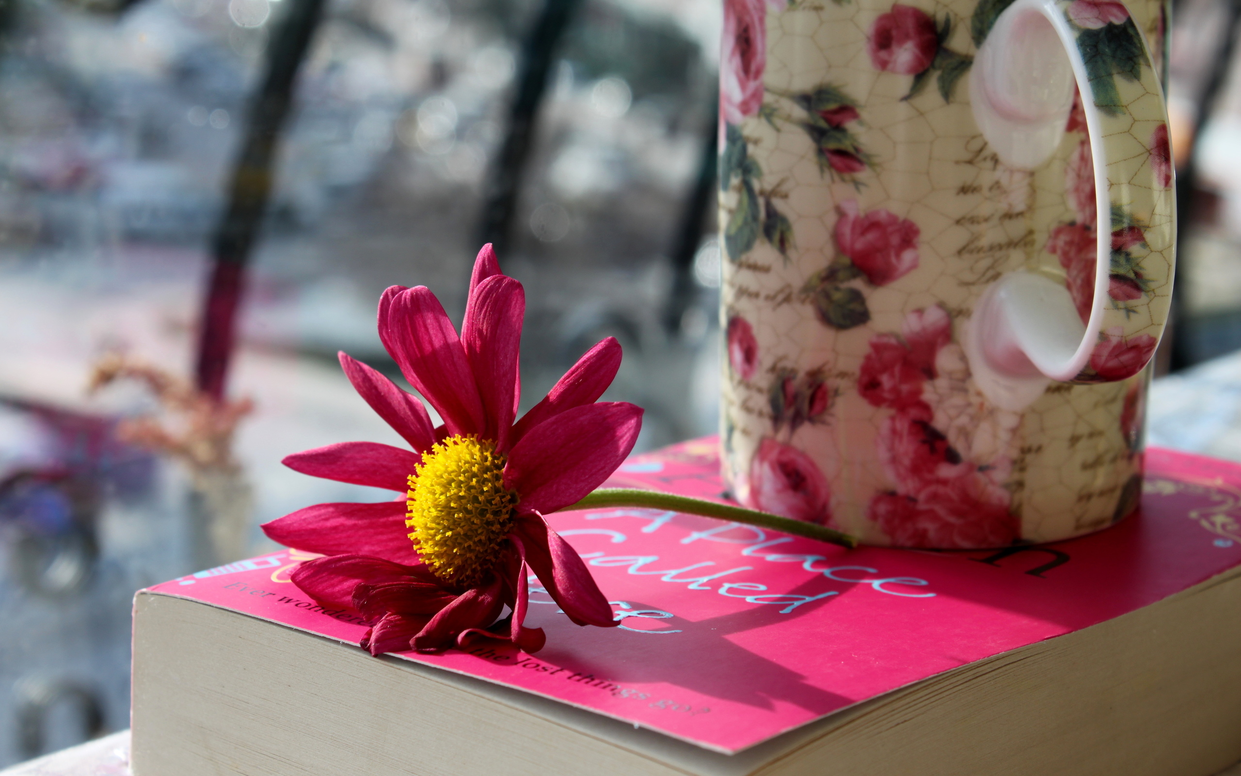 Обои цветок, лепестки, кружка, розовые, чашка, книга, flower, petals, mug, pink, cup, book разрешение 2560x1600 Загрузить