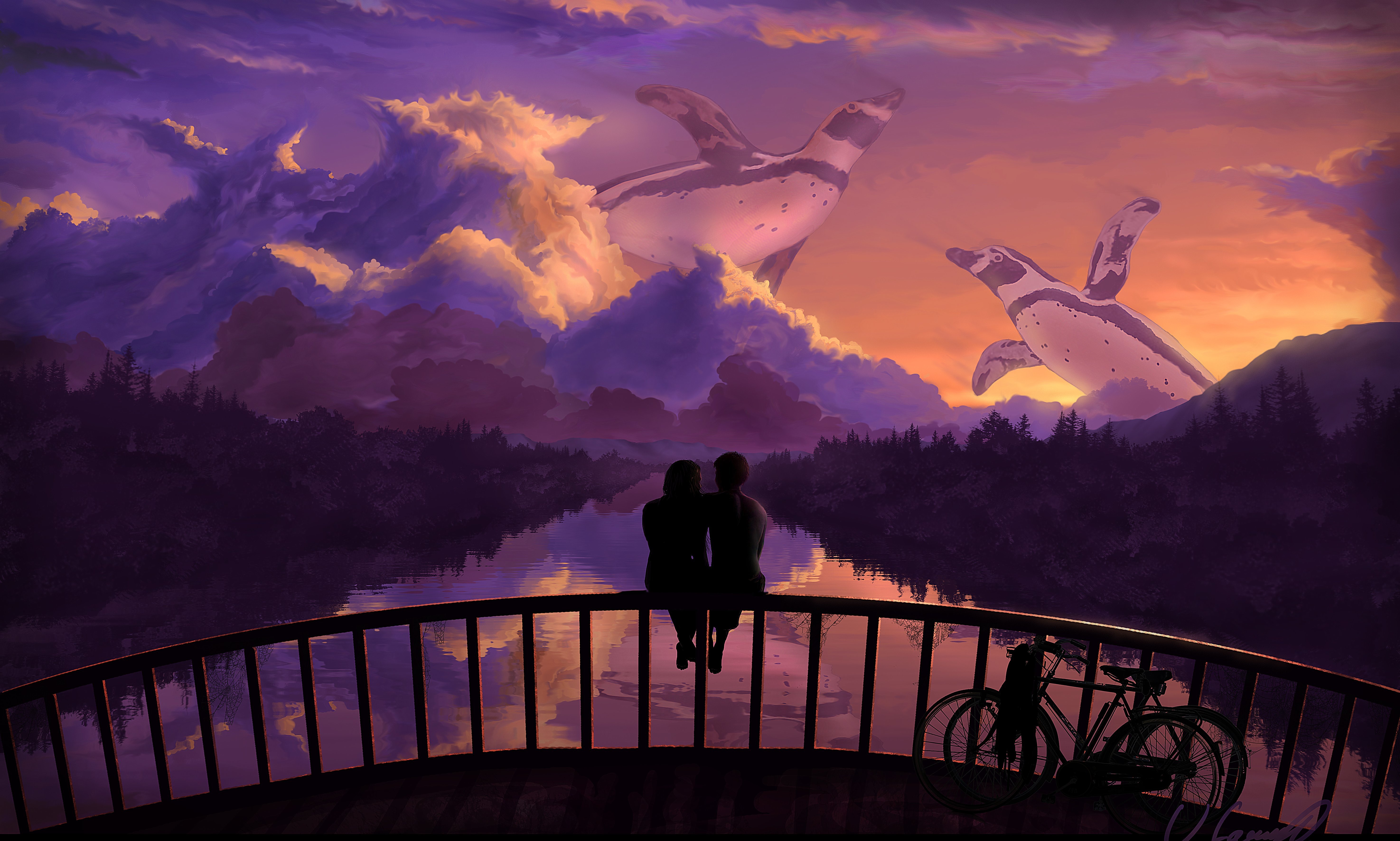 Словно ветер в ночи. Романтический пейзаж. Влюбленные на мосту. Красивые арты. Романтические арты.