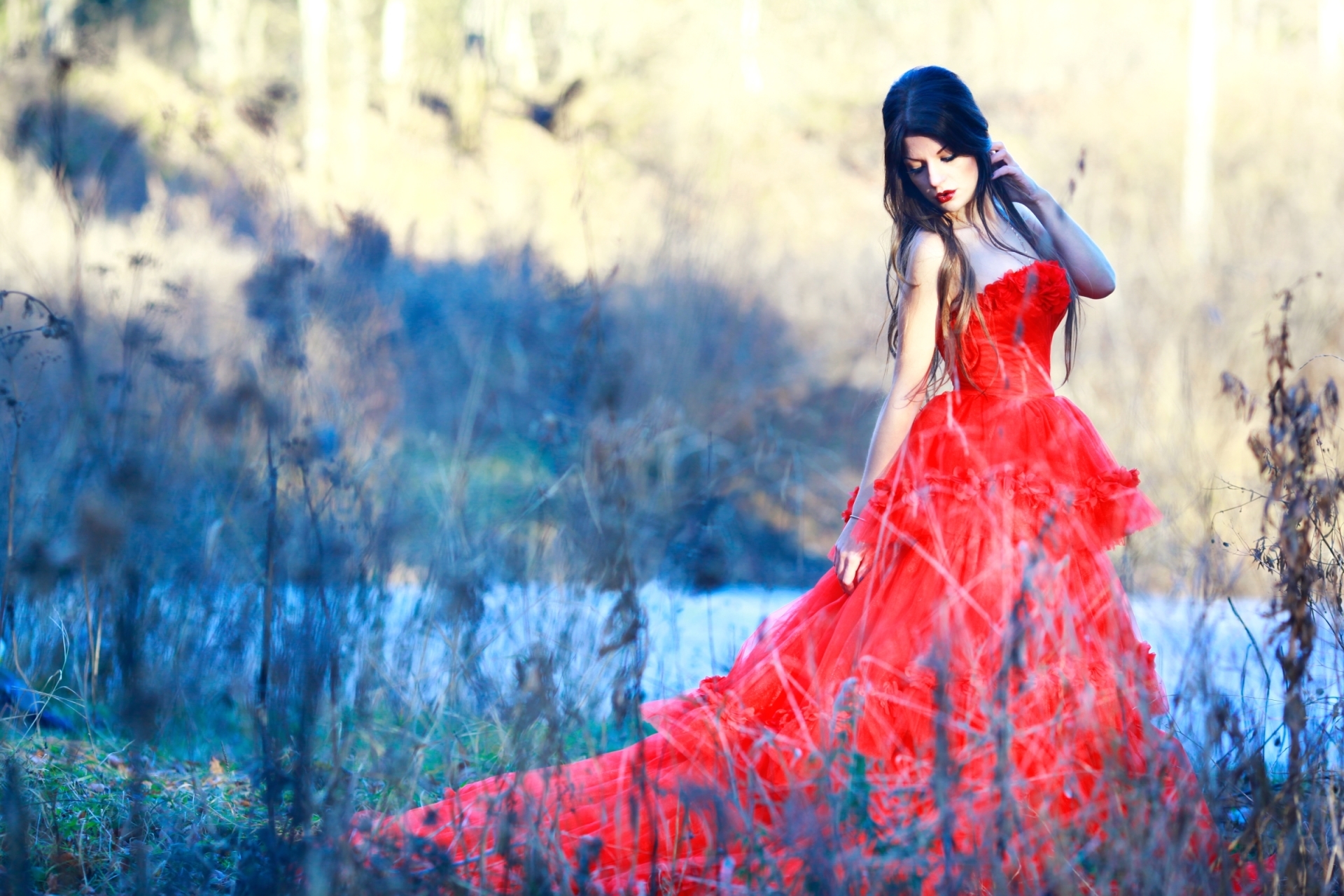 Девушка брюнетка в красном платье