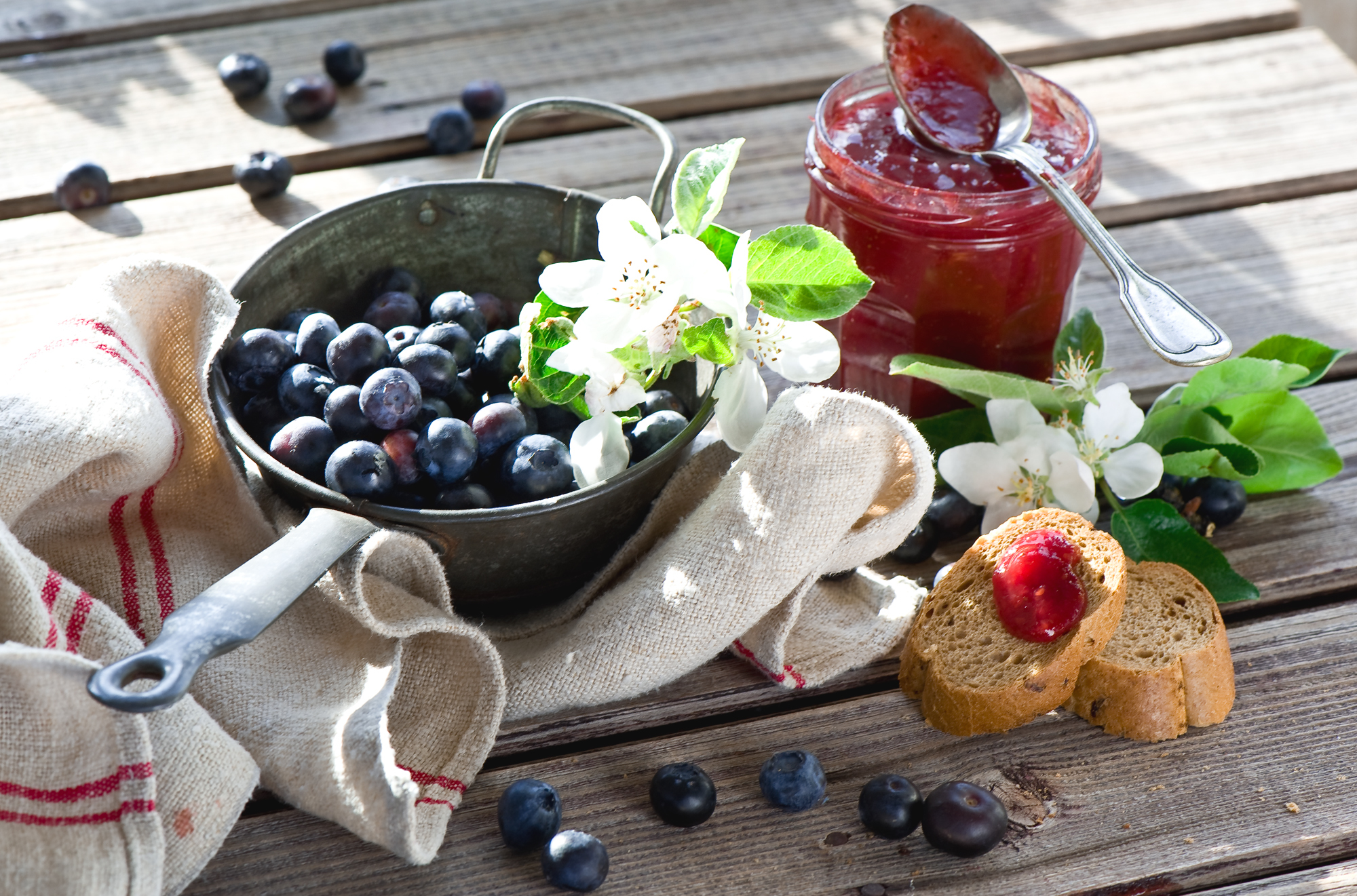 Обои цветы, джем, ягоды, черника, завтрак, веточки, breakfast with berries and jam, flowers, jam, berries, blueberries, breakfast, twigs разрешение 2000x1321 Загрузить