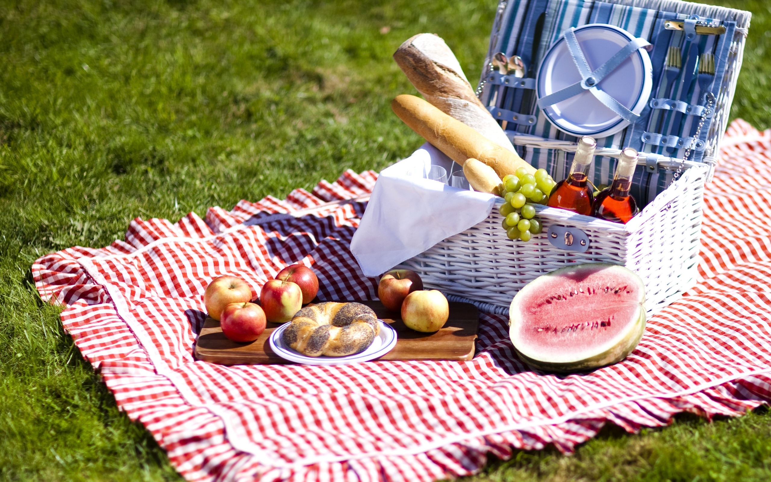 Обои виноград, еда, фрукты, яблоки, арбуз, хлеб, пикник, grapes, food, fruit, apples, watermelon, bread, picnic разрешение 2560x1600 Загрузить