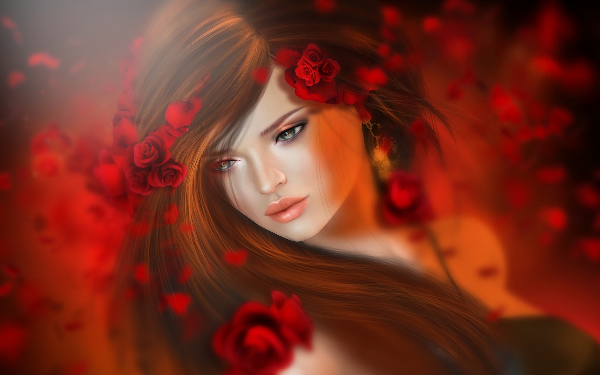 Обои цветы, девушка, брюнетка, розы, красные, волосы, flowers, girl, brunette, roses, red, hair разрешение 1980x1238 Загрузить