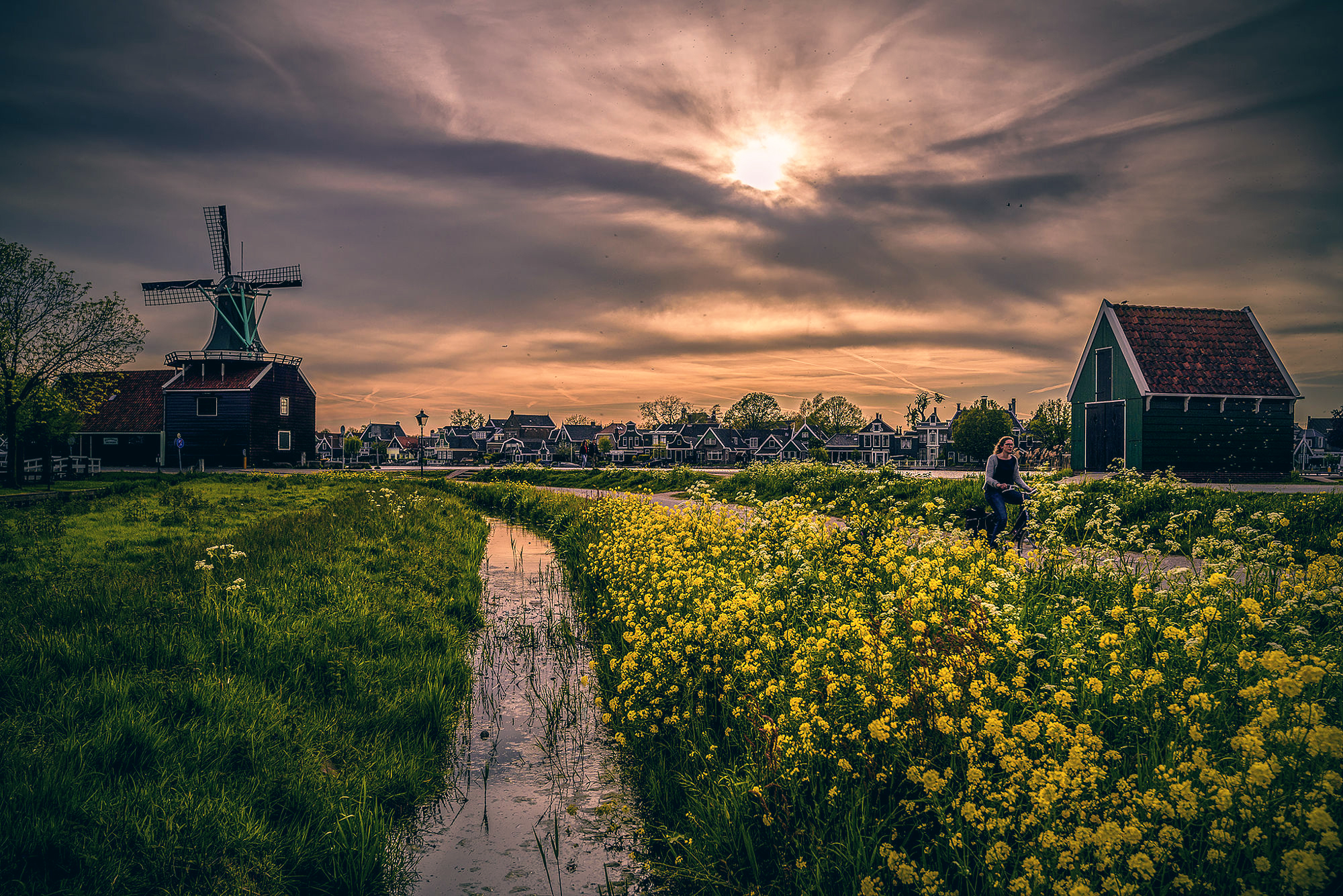 Обои небо, цветы, мельница, дома, through the yellow furrow, the sky, flowers, mill, home разрешение 2000x1335 Загрузить