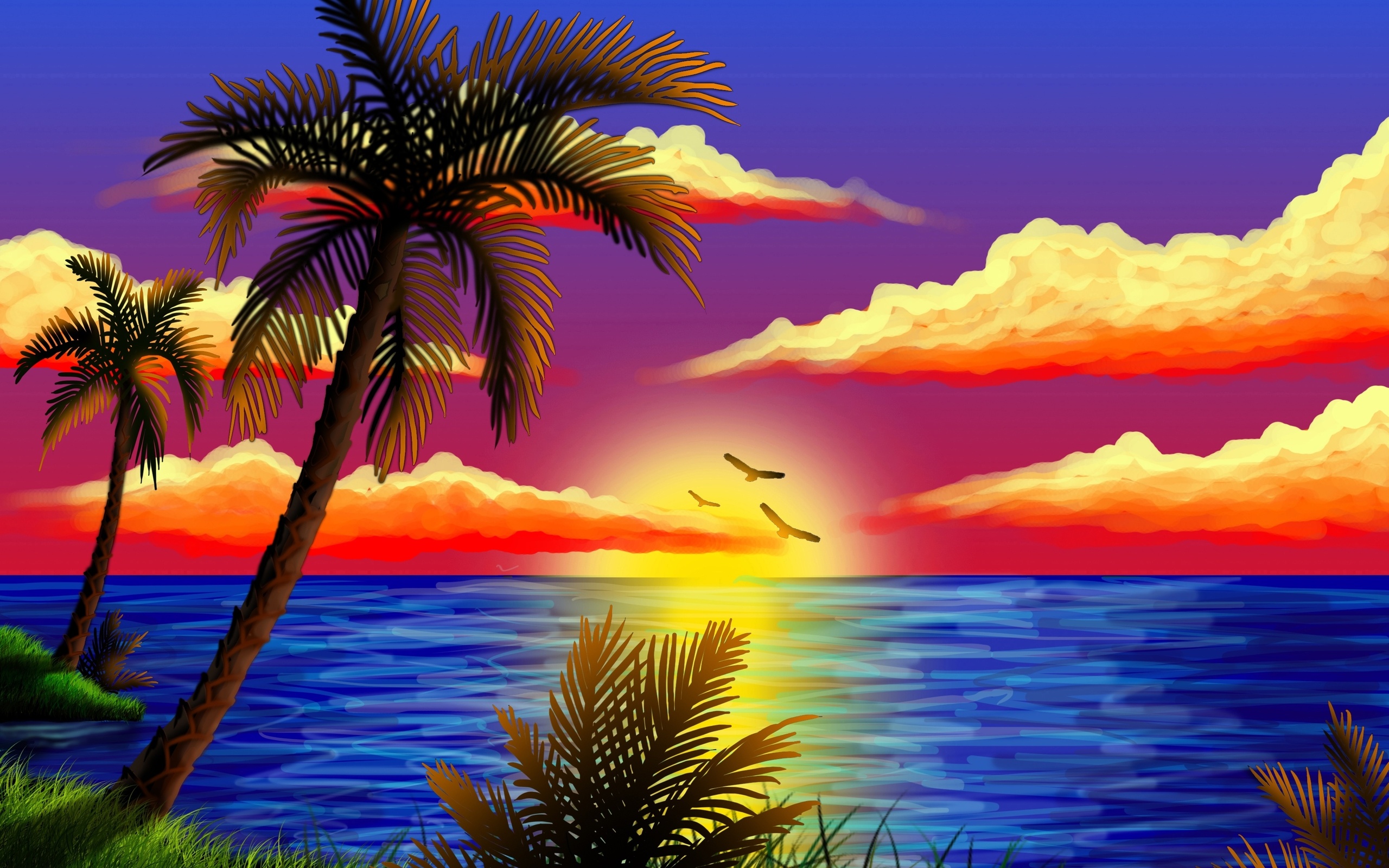 Обои закат, море, пальмы, sunset, sea, palm trees разрешение 2560x1600 Загр...