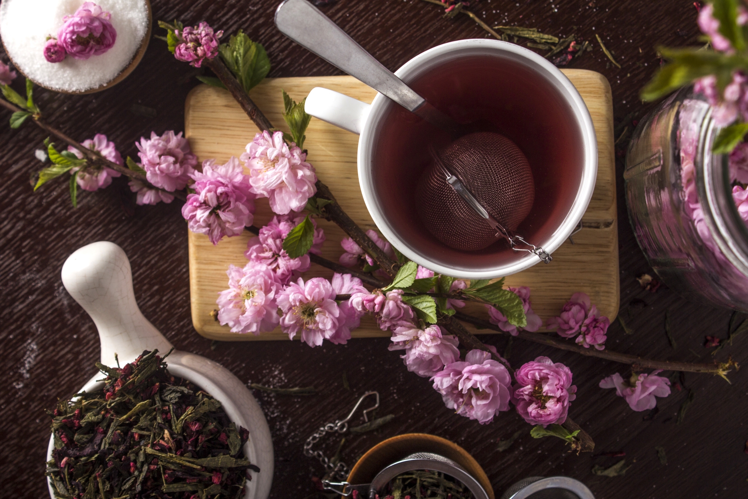 Обои сакура, чашка, чай, sakura, cup, tea разрешение 2400x1600 Загрузить