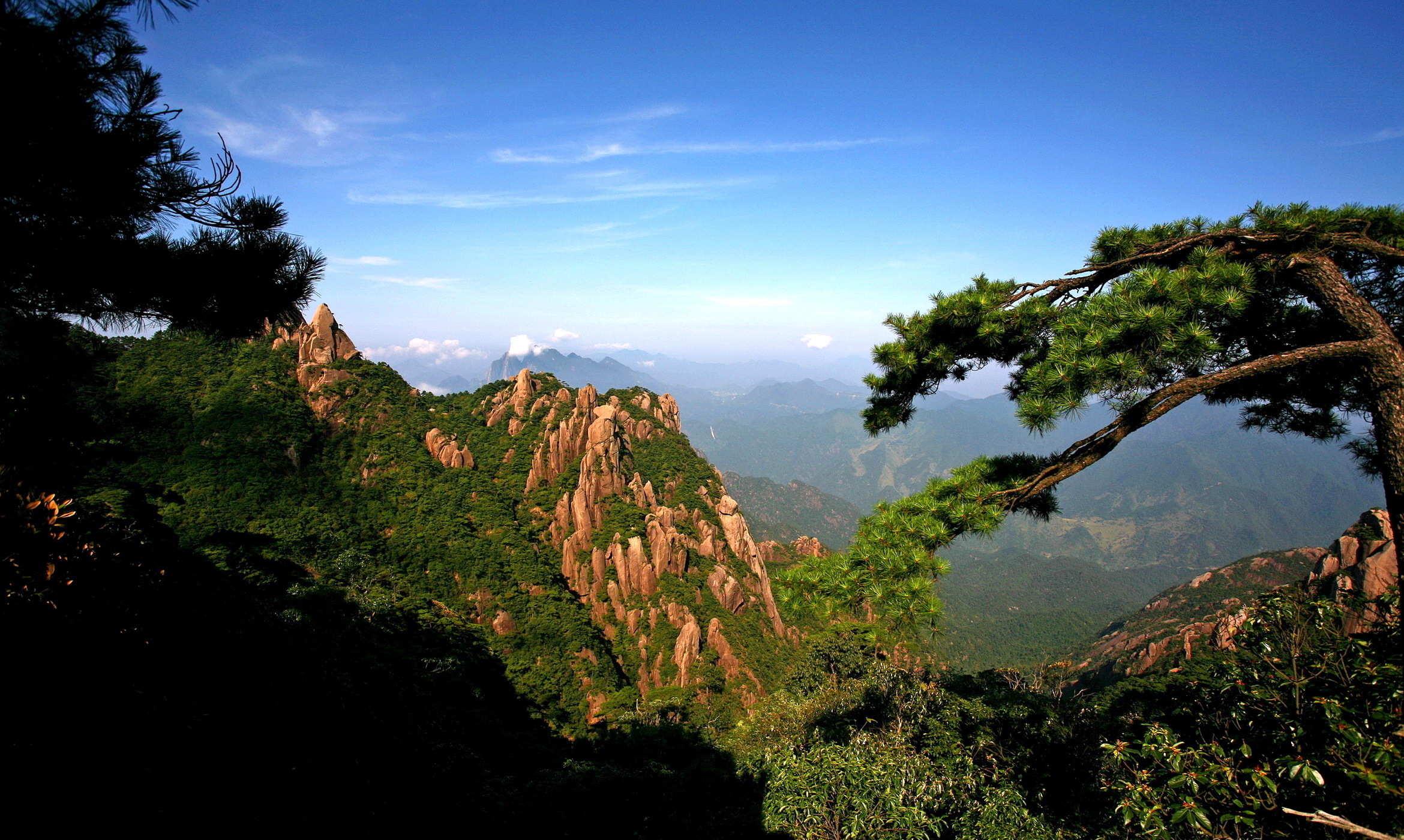 Обои небо, деревья, горы, скалы, ущелье, the sky, trees, mountains, rocks, gorge разрешение 2340x1400 Загрузить