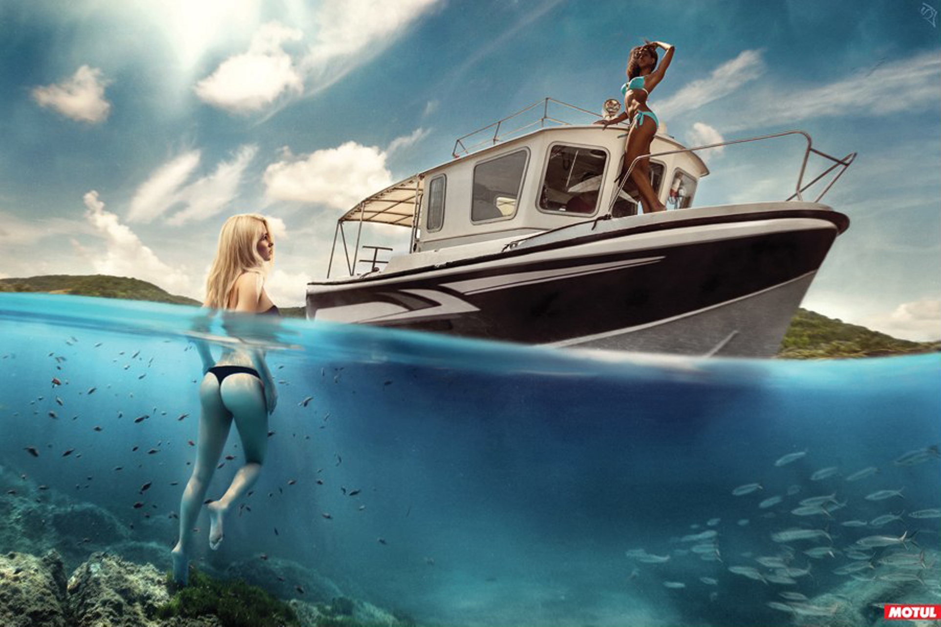 Обои фото, море, рыбки, девушки, яхта, коллаж, photo, sea, fish, girls, yacht, collage разрешение 1926x1284 Загрузить