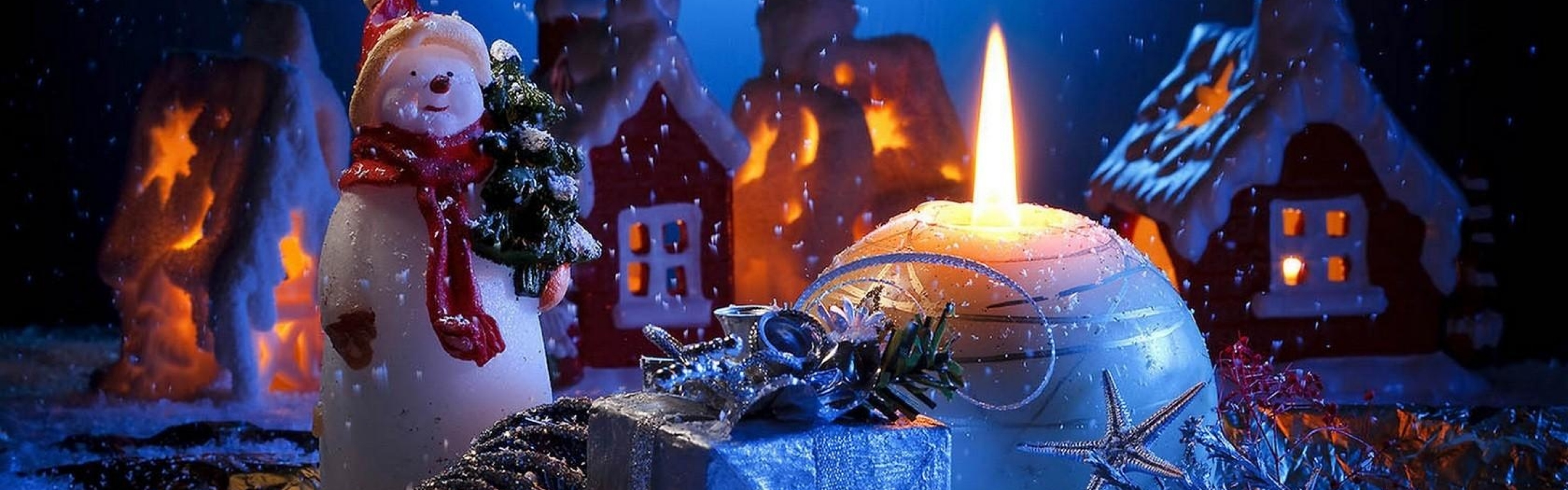 Обои новый год, подарки, снеговик, свеча, new year, gifts, snowman, candle разрешение 3840x1200 Загрузить