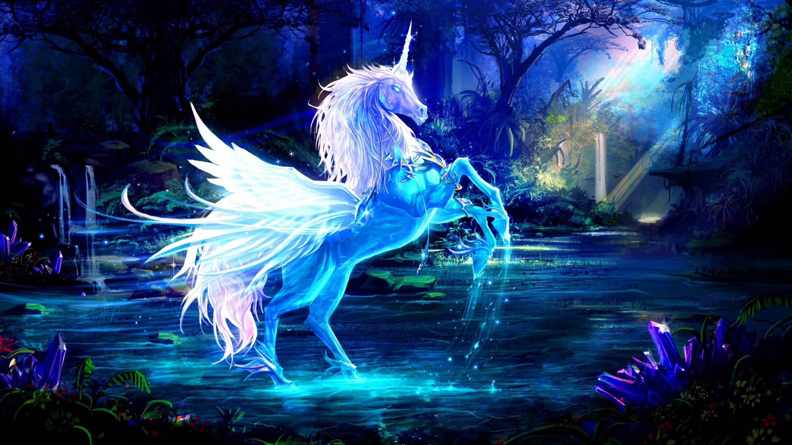 Обои синий, крылья, единорог, рог, водный, blue, wings, unicorn, horn, water разрешение 2560x1440 Загрузить