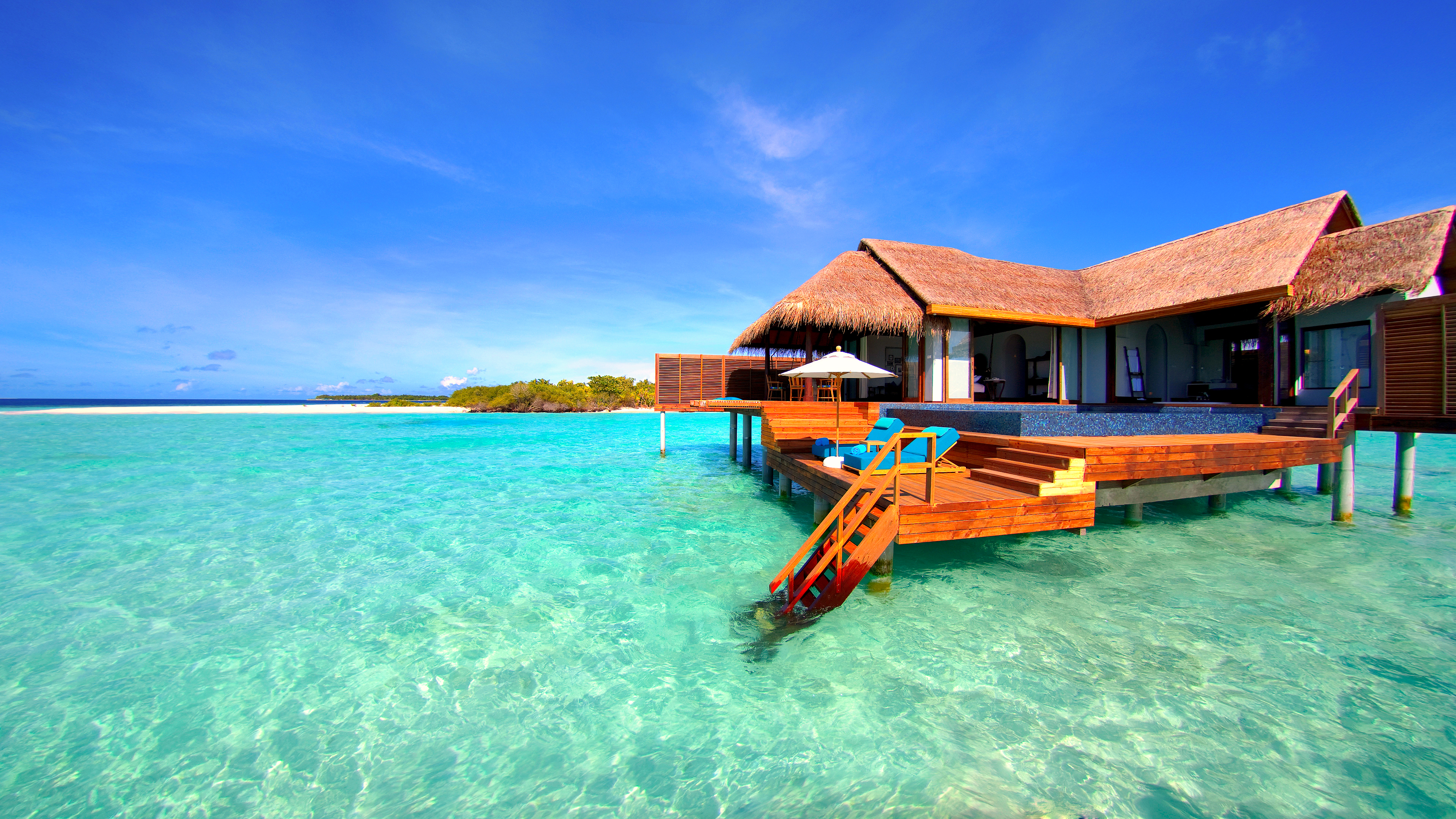 Обои море, отдых, остров, бунгало, мальдивы, sea, stay, island, bungalow, the maldives разрешение 3837x2158 Загрузить