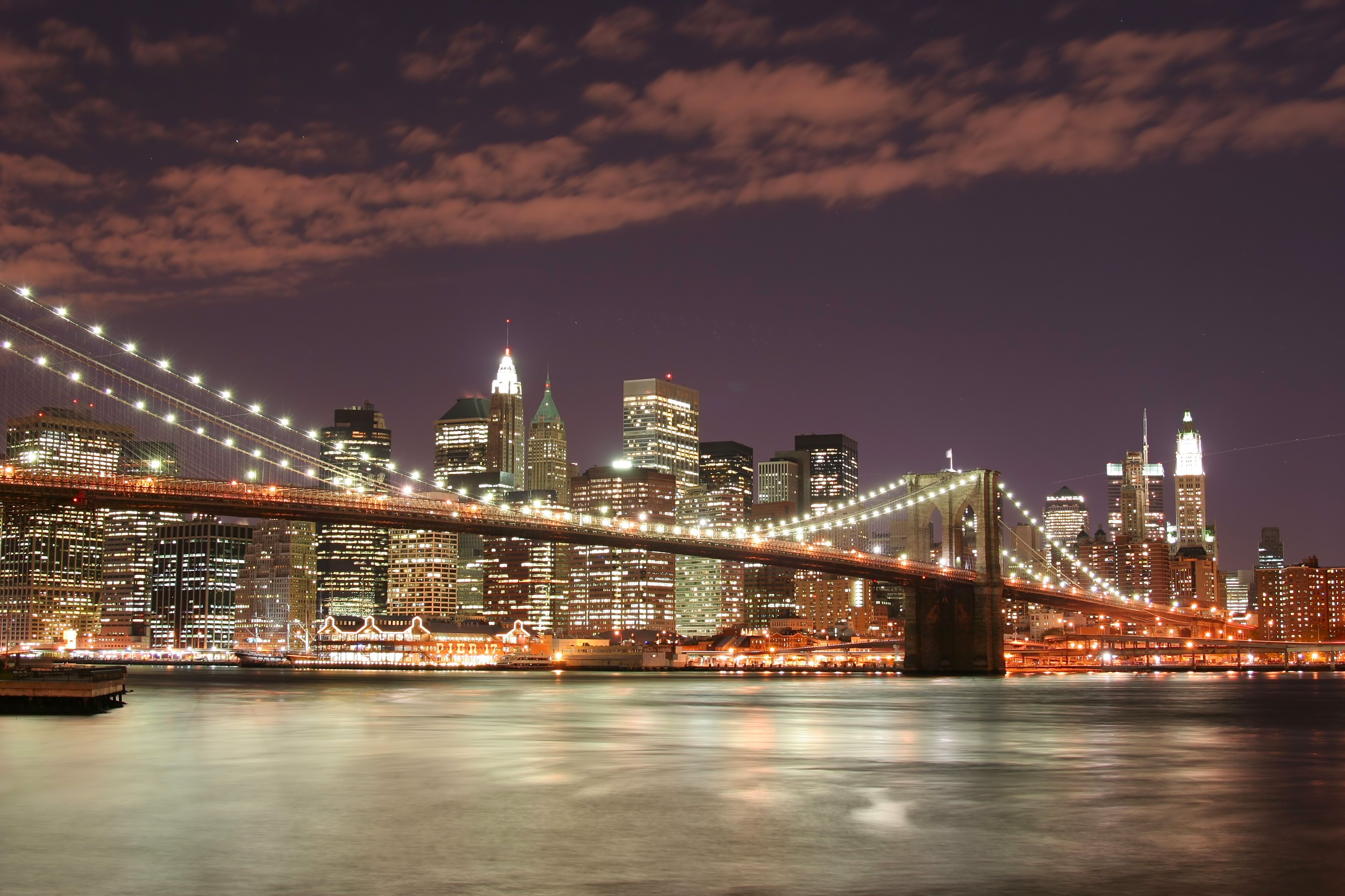 Обои ночь, огни, мост, нью-йорк, бруклинский мост, night, lights, bridge, new york, brooklyn bridge разрешение 3456x2304 Загрузить