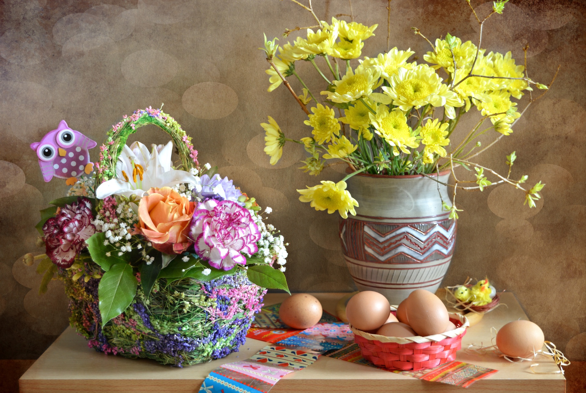 Обои цветы, букет, пасха, яйца, наклейки, flowers, bouquet, easter, eggs, stickers разрешение 1920x1290 Загрузить