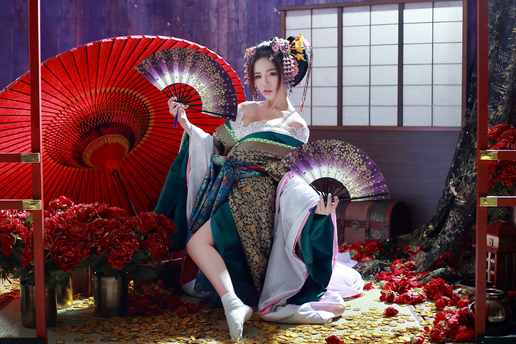 Обои цветы, девушка, зонт, кимоно, азиатка, гейша, веер, flowers, girl, umbrella, kimono, asian, geisha, fan разрешение 2048x1365 Загрузить