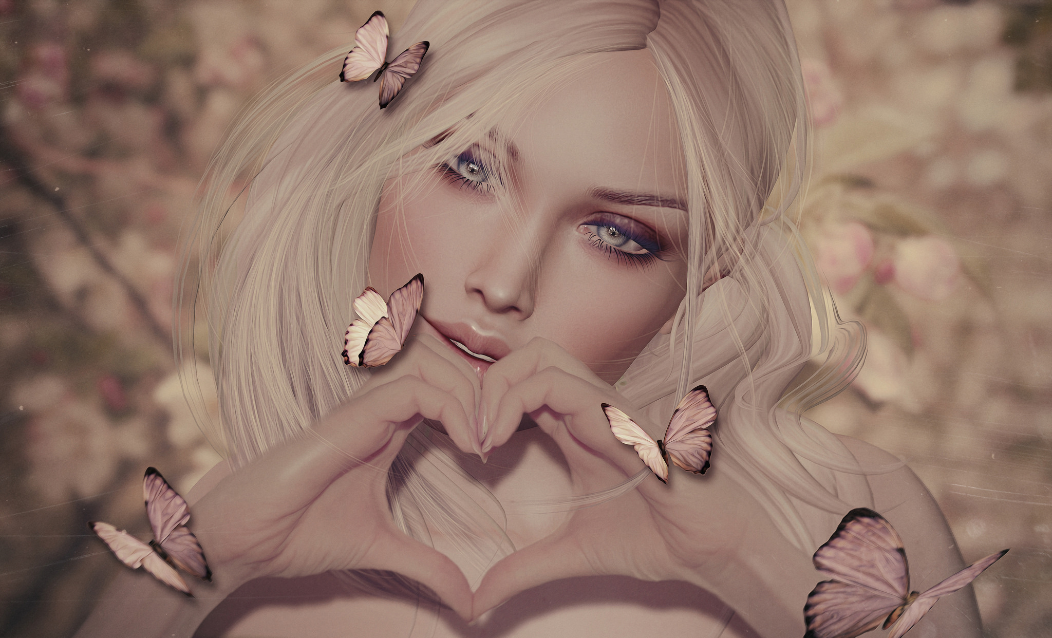 Обои девушка, блондинка, сердечко, графика, бабочки, руки, 3д, girl, blonde, heart, graphics, butterfly, hands, 3d разрешение 2048x1242 Загрузить