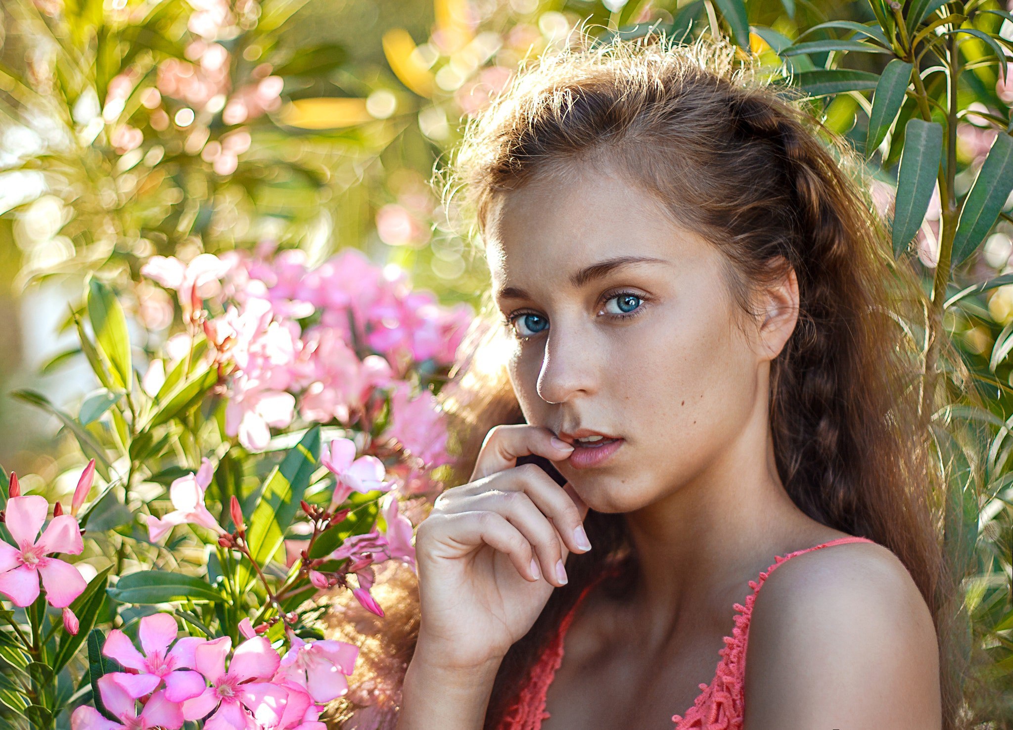 Обои цветы, девушка, взгляд, волосы, лицо, голубоглазая, flowers, girl, look, hair, face, blue-eyed разрешение 2048x1476 Загрузить