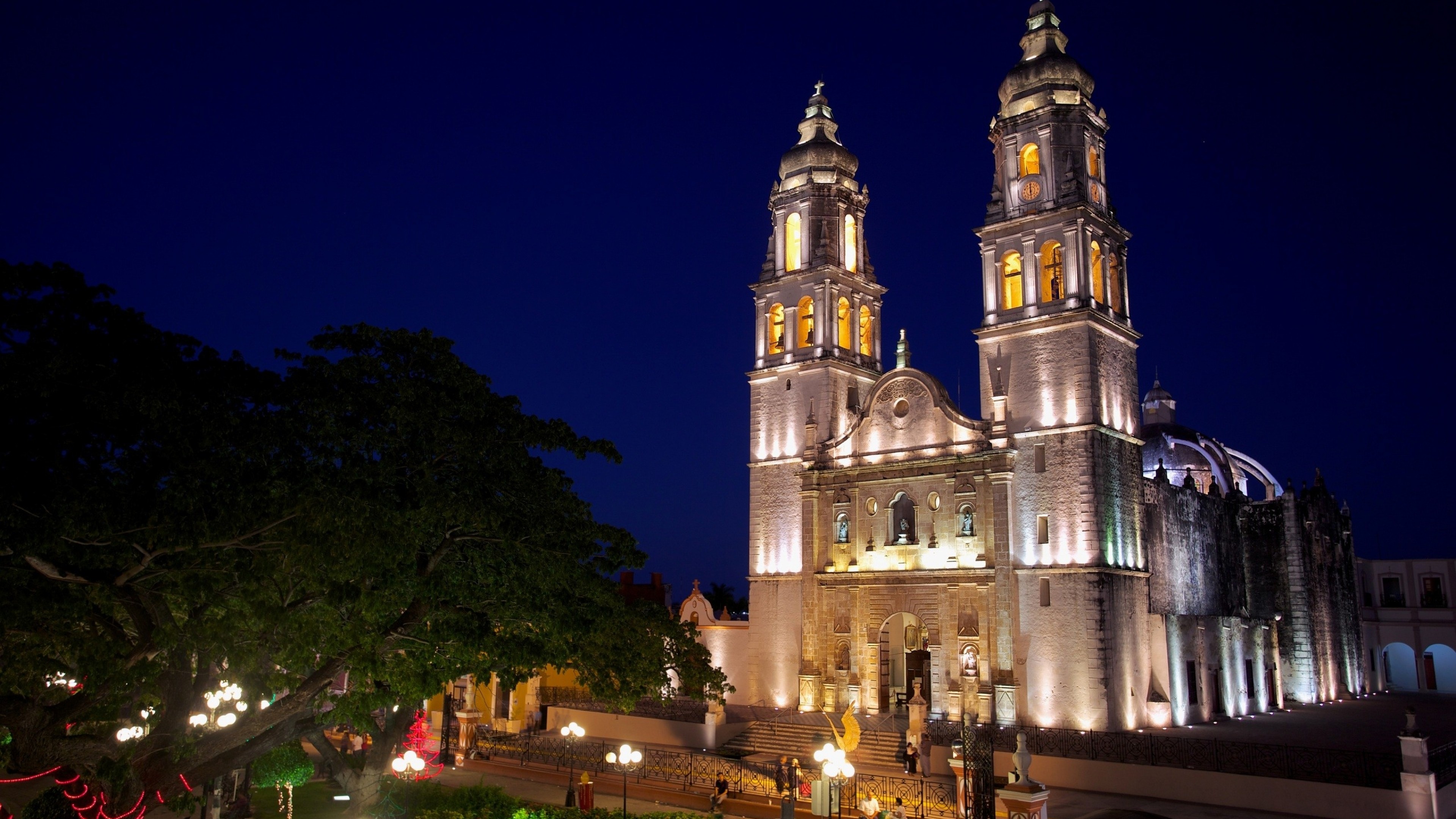 Обои ночь, церковь, мексика, сан-франциско-де-кампече, night, church, mexico, san francisco de campeche разрешение 3840x2160 Загрузить