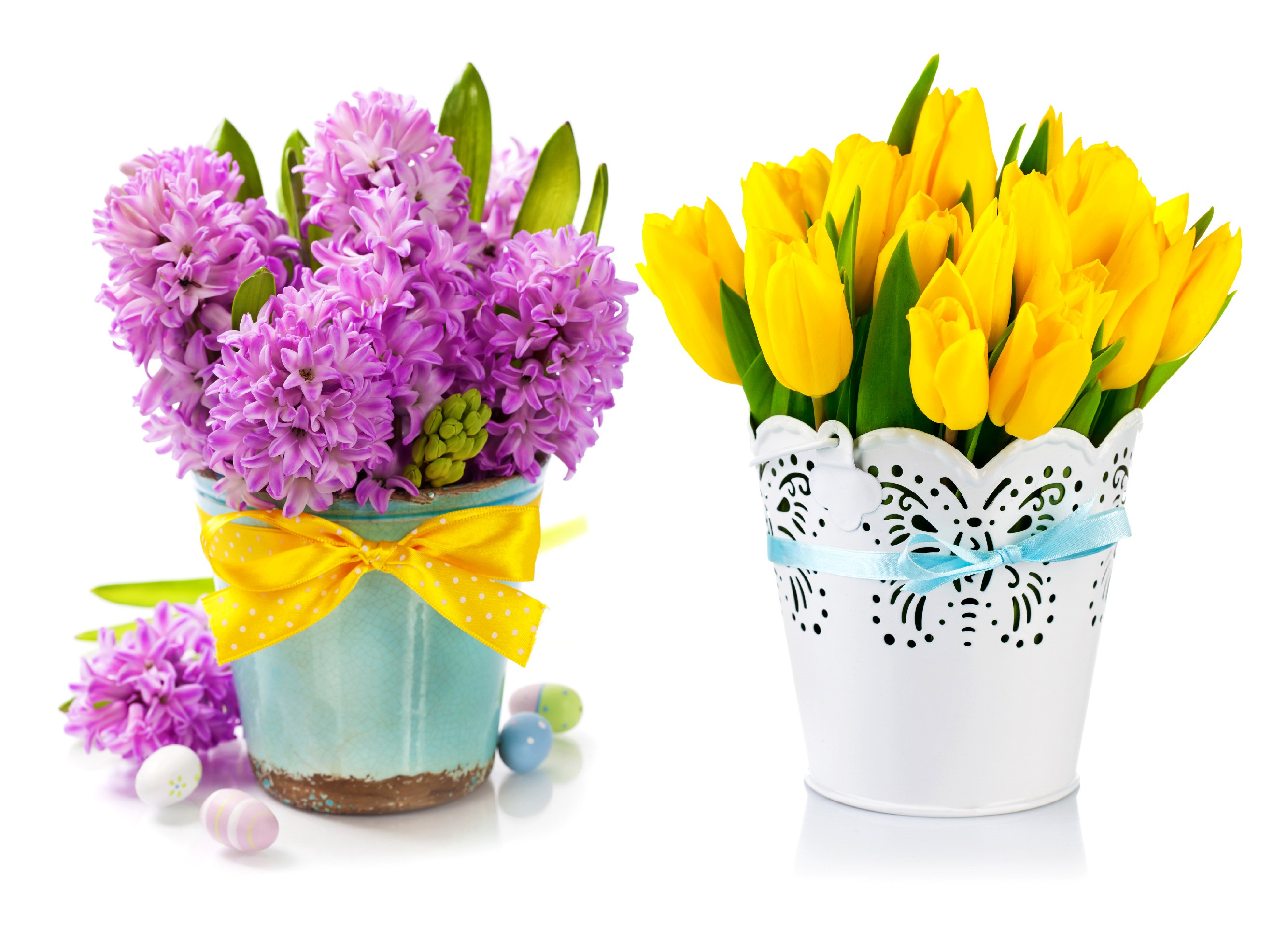 Обои цветы, букет, тюльпаны, ваза, пасха, яйца, гиацинты, композиция, flowers, bouquet, tulips, vase, easter, eggs, hyacinths, composition разрешение 2667x1920 Загрузить