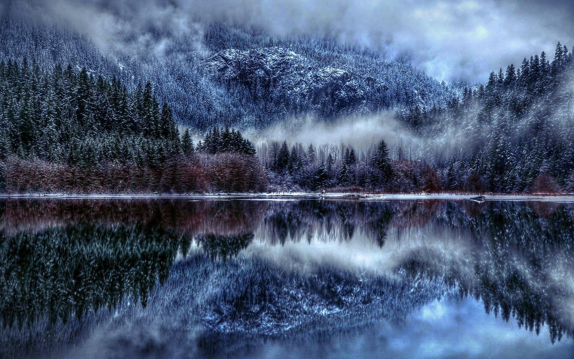 Обои деревья, озеро, горы, снег, отражение, туман, trees, lake, mountains, snow, reflection, fog разрешение 1920x1200 Загрузить