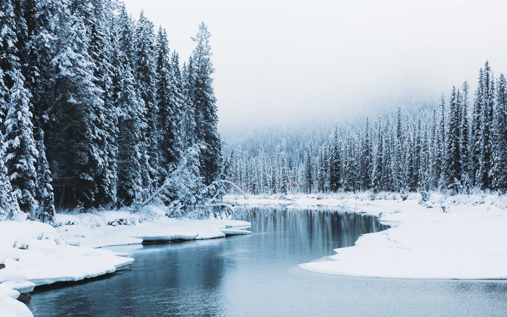 Обои река, снег, природа, лес, зима, канада, river, snow, nature, forest, winter, canada разрешение 1920x1200 Загрузить