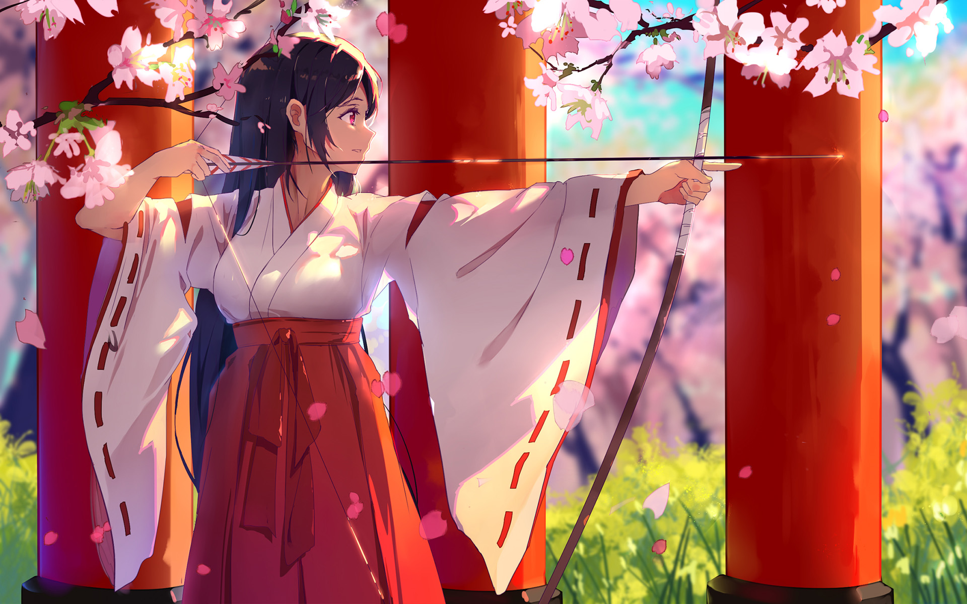 Обои тории, miko, аниме девочка, лучник, sakura blossom, shrine, torii, anime girl, archer разрешение 1920x1200 Загрузить