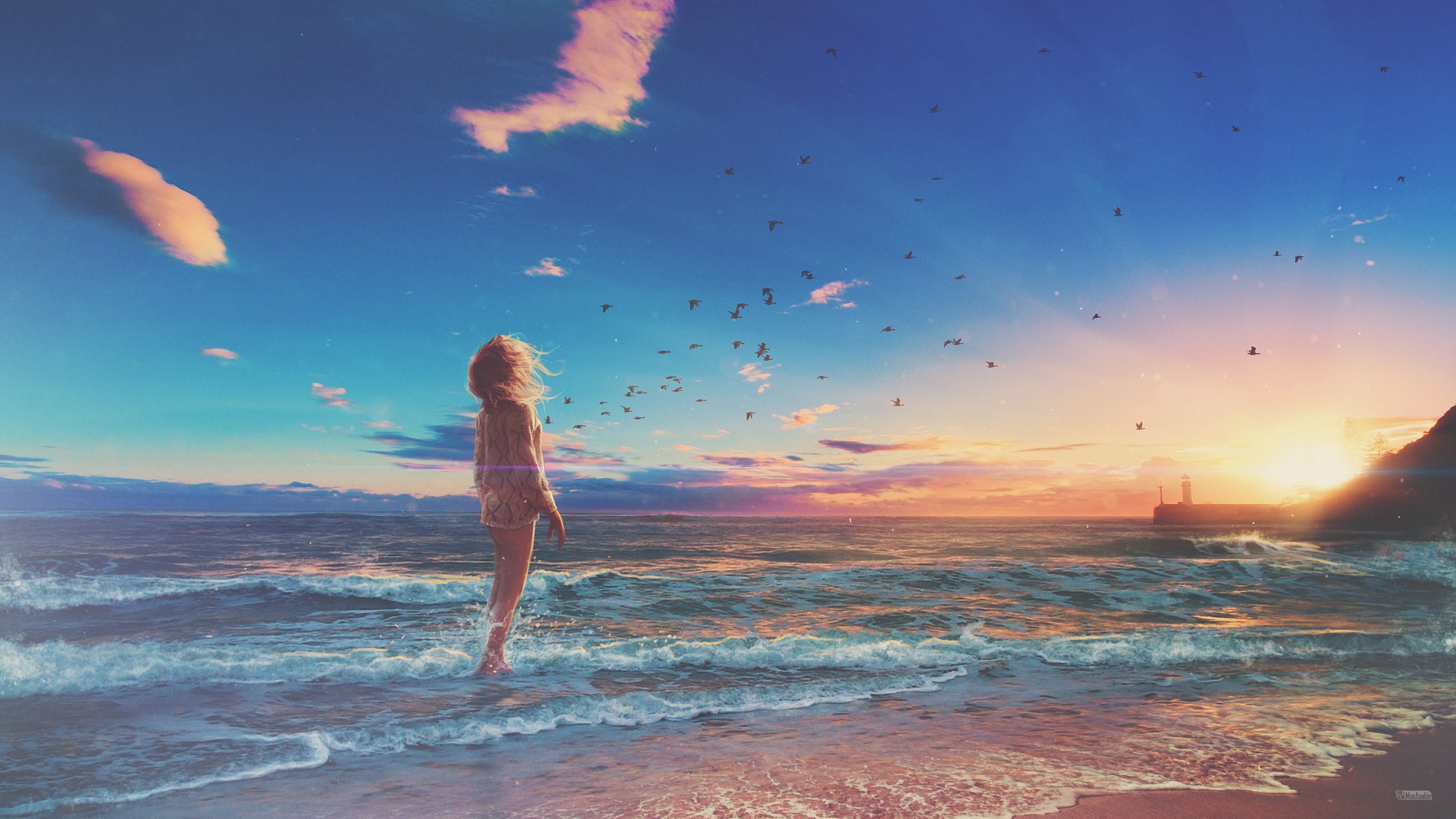 Обои ветер, берег, волны, закат, девушка, море, пляж, горизонт, птицы, the wind, shore, wave, sunset, girl, sea, beach, horizon, birds разрешение 2560x1440 Загрузить