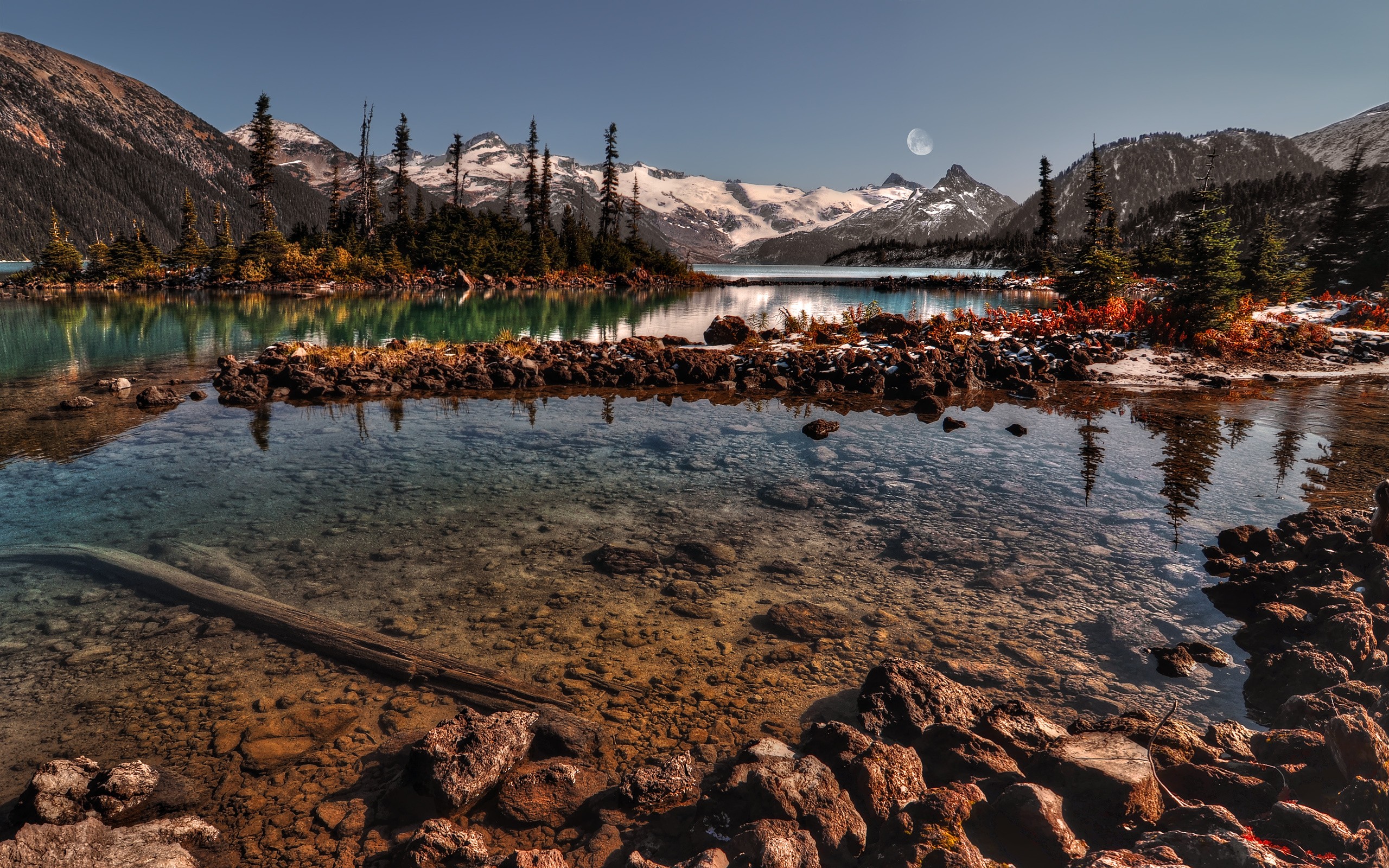 Обои деревья, вода, горы, снег, камни, речка, trees, water, mountains, snow, stones, river разрешение 2560x1600 Загрузить