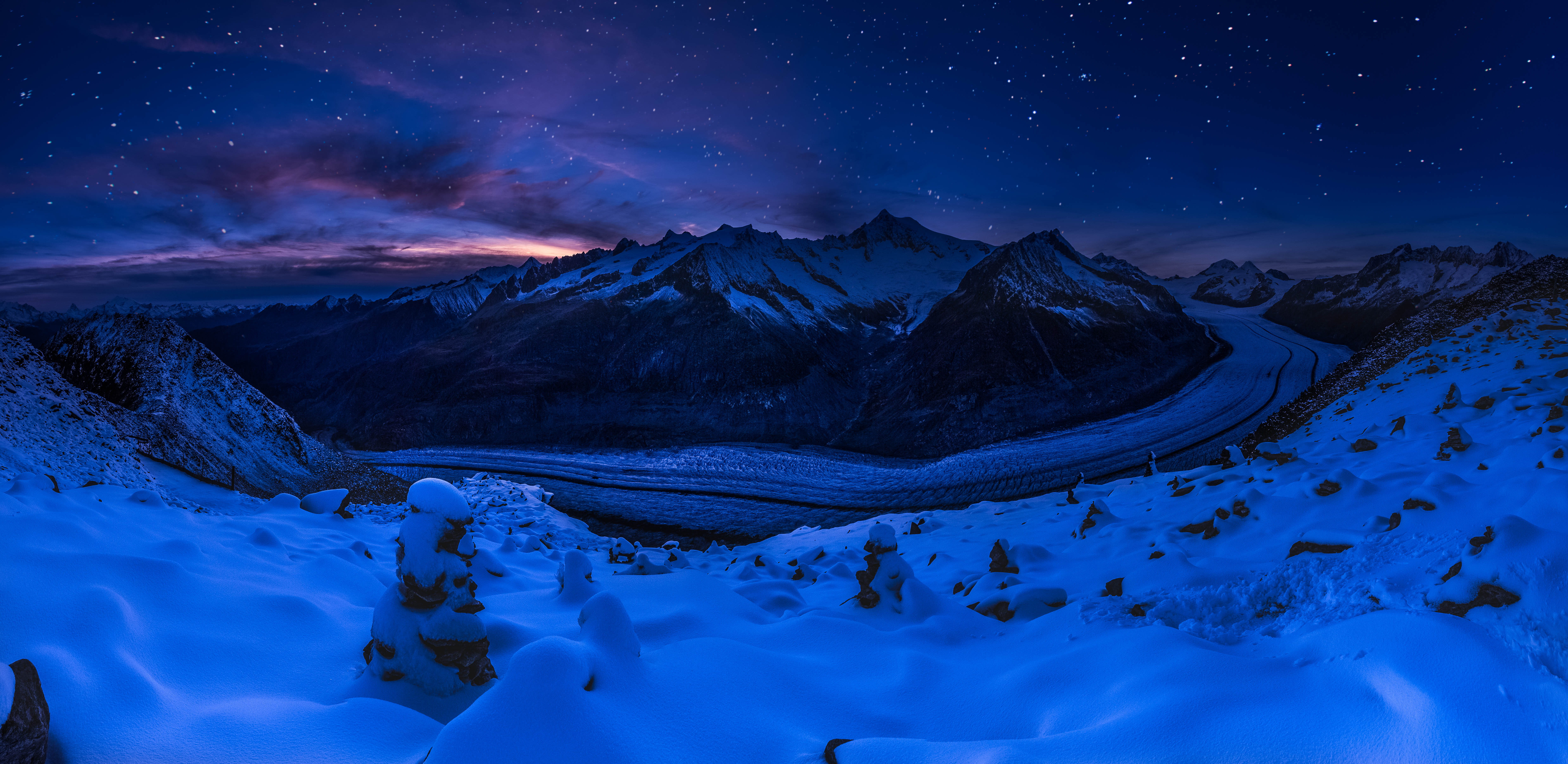 Обои ночь, горы, снег, природа, зима, пейзаж, швейцария, ледник, night, mountains, snow, nature, winter, landscape, switzerland, glacier разрешение 7593x3701 Загрузить