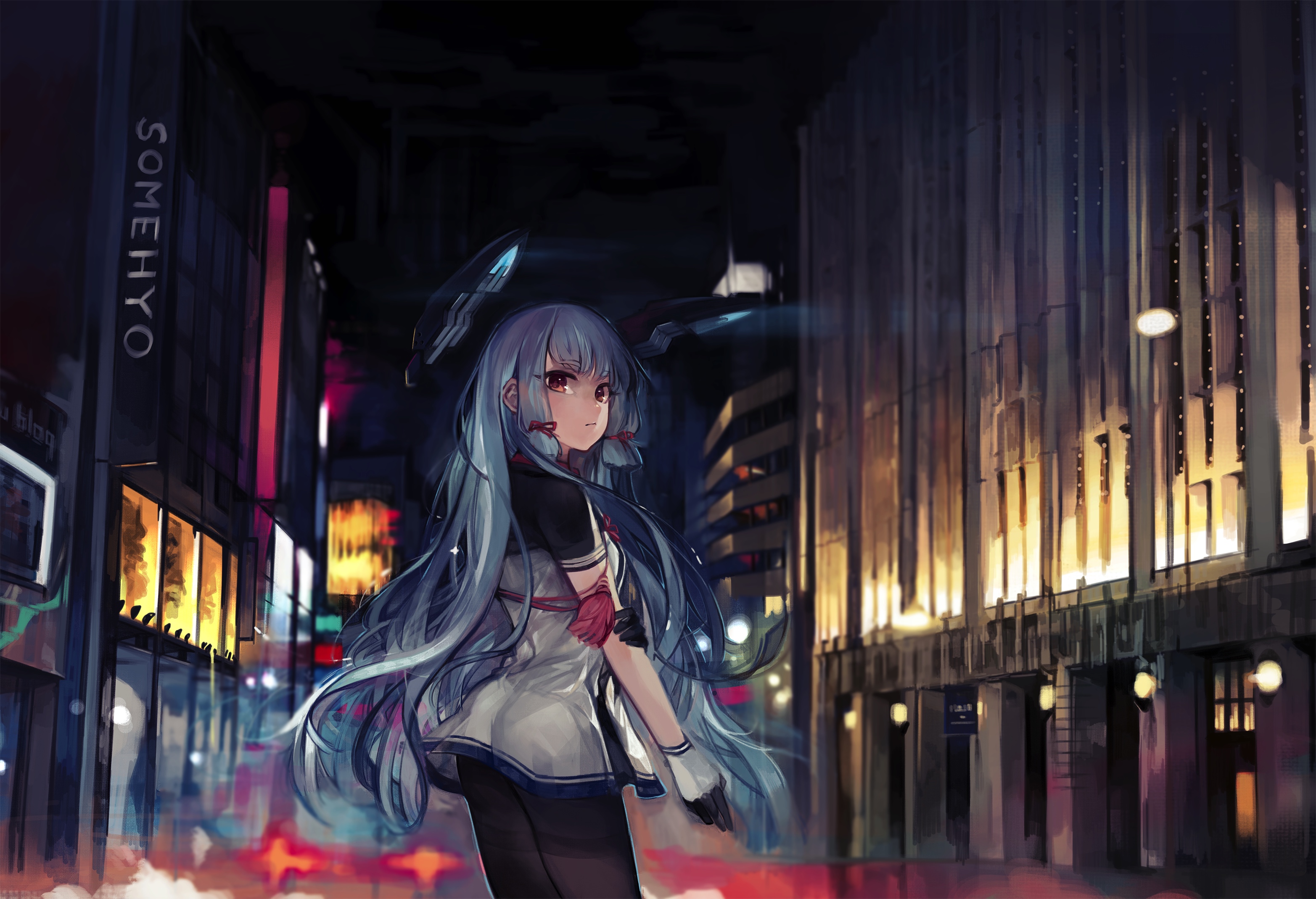 Обои голубые волосы, ноч, аниме девочка, kantai, blue hair, night, anime girl разрешение 3130x2139 Загрузить