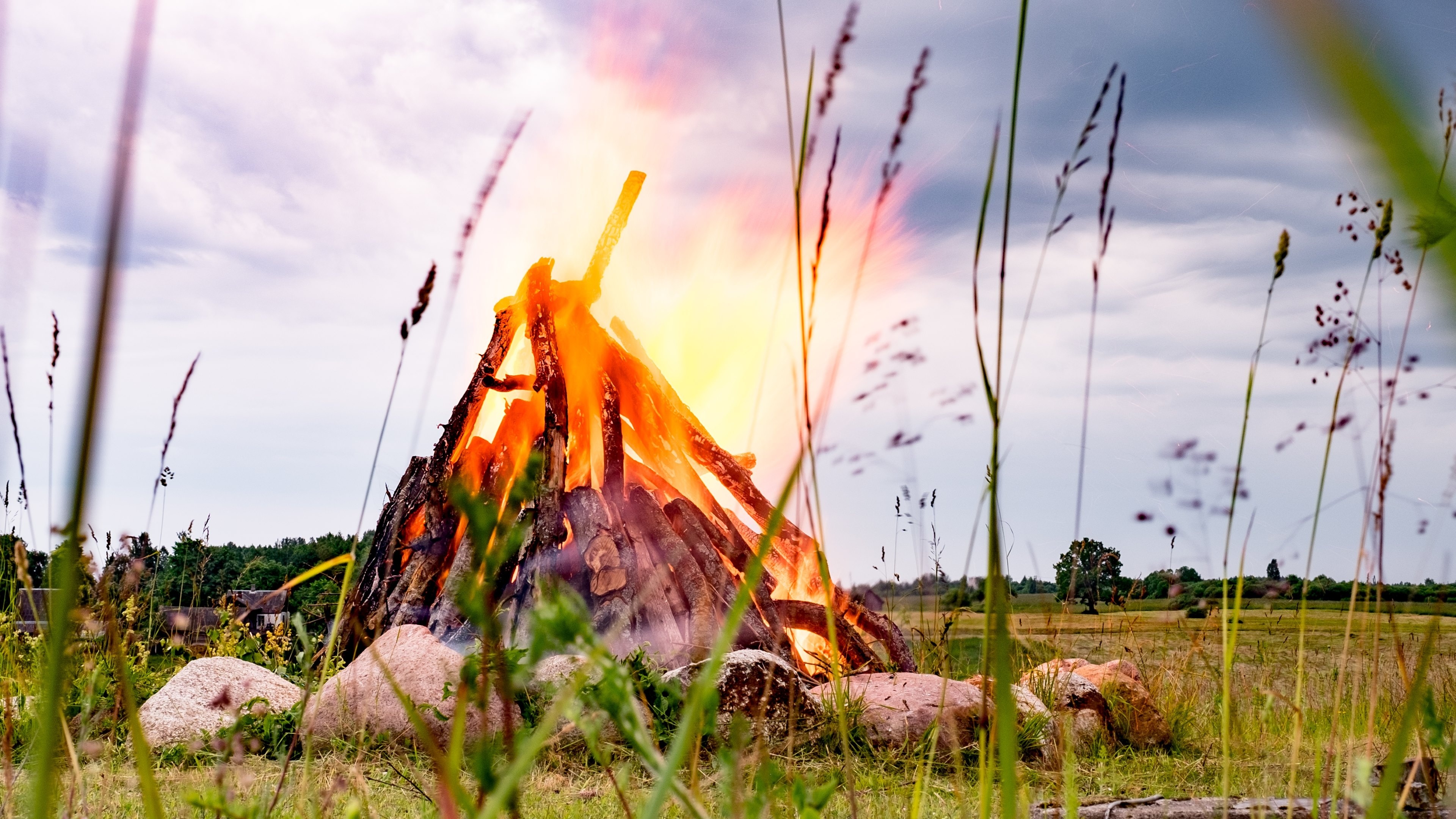 Обои трава, природа, камни, лето, огонь, костёр, grass, nature, stones, summer, fire, the fire разрешение 3840x2160 Загрузить