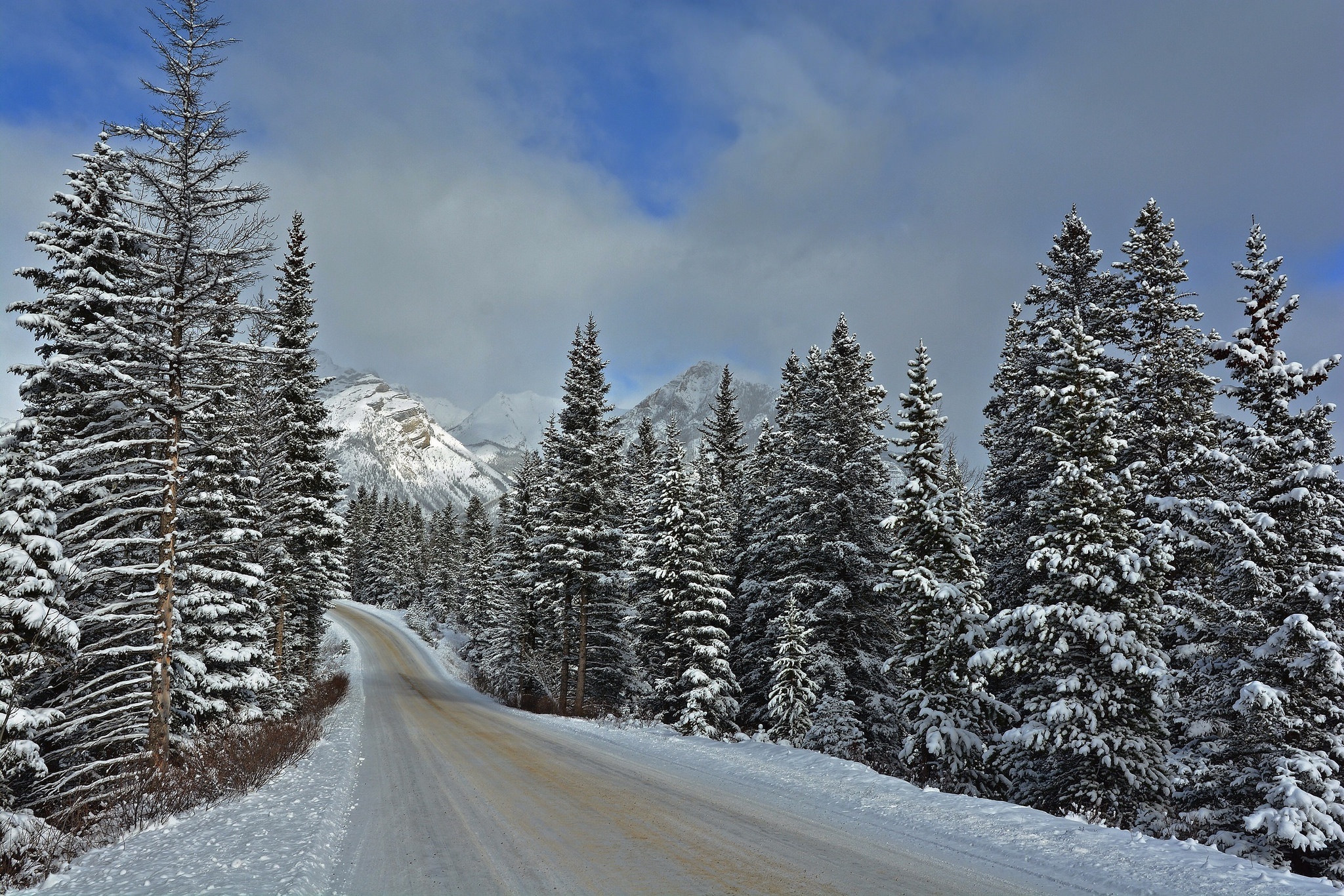 Обои дорога, горы, зима, пейзаж, национальный парк банф, road, mountains, winter, landscape, banff national park разрешение 2048x1366 Загрузить