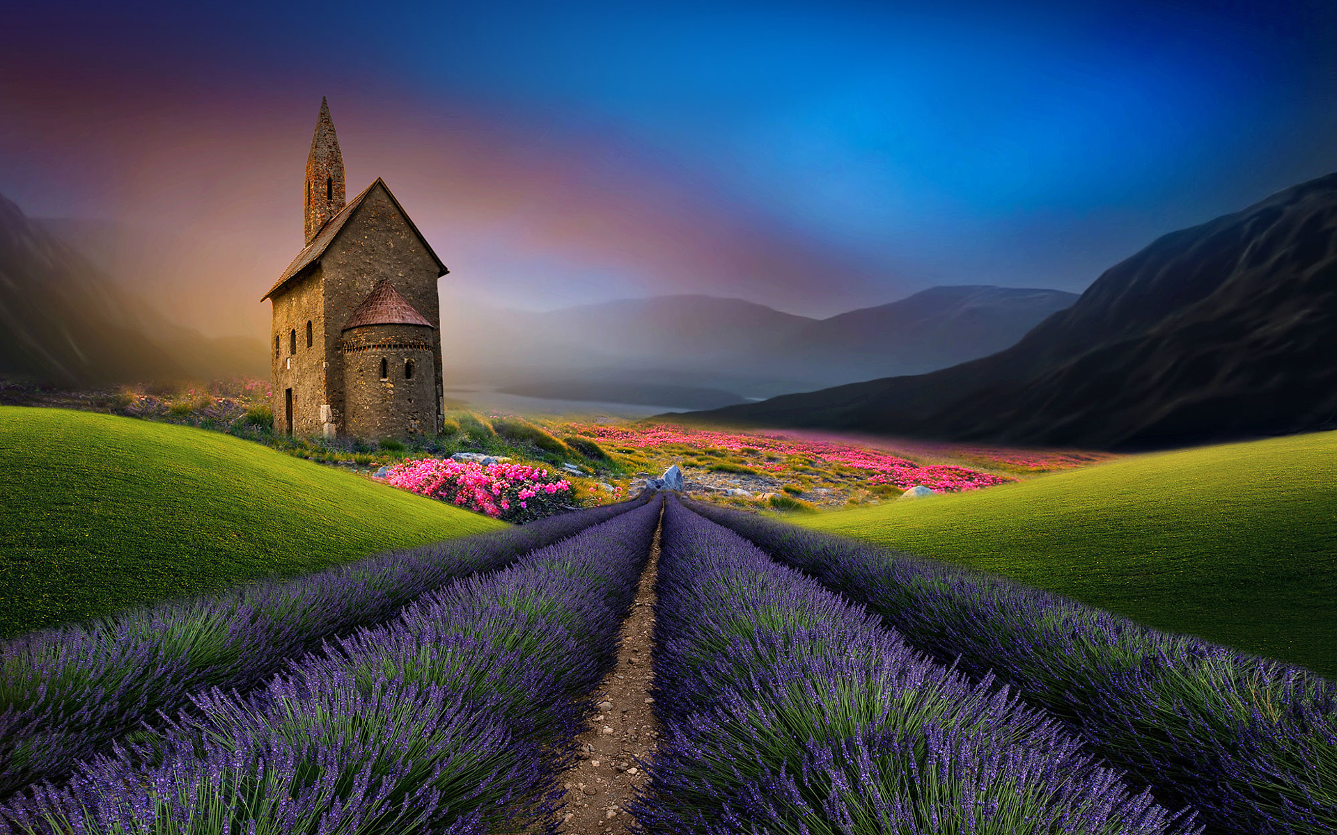 Обои природа, пейзаж, поле, лаванда, замок, дом, nature, landscape, field, lavender, castle, house разрешение 1920x1200 Загрузить